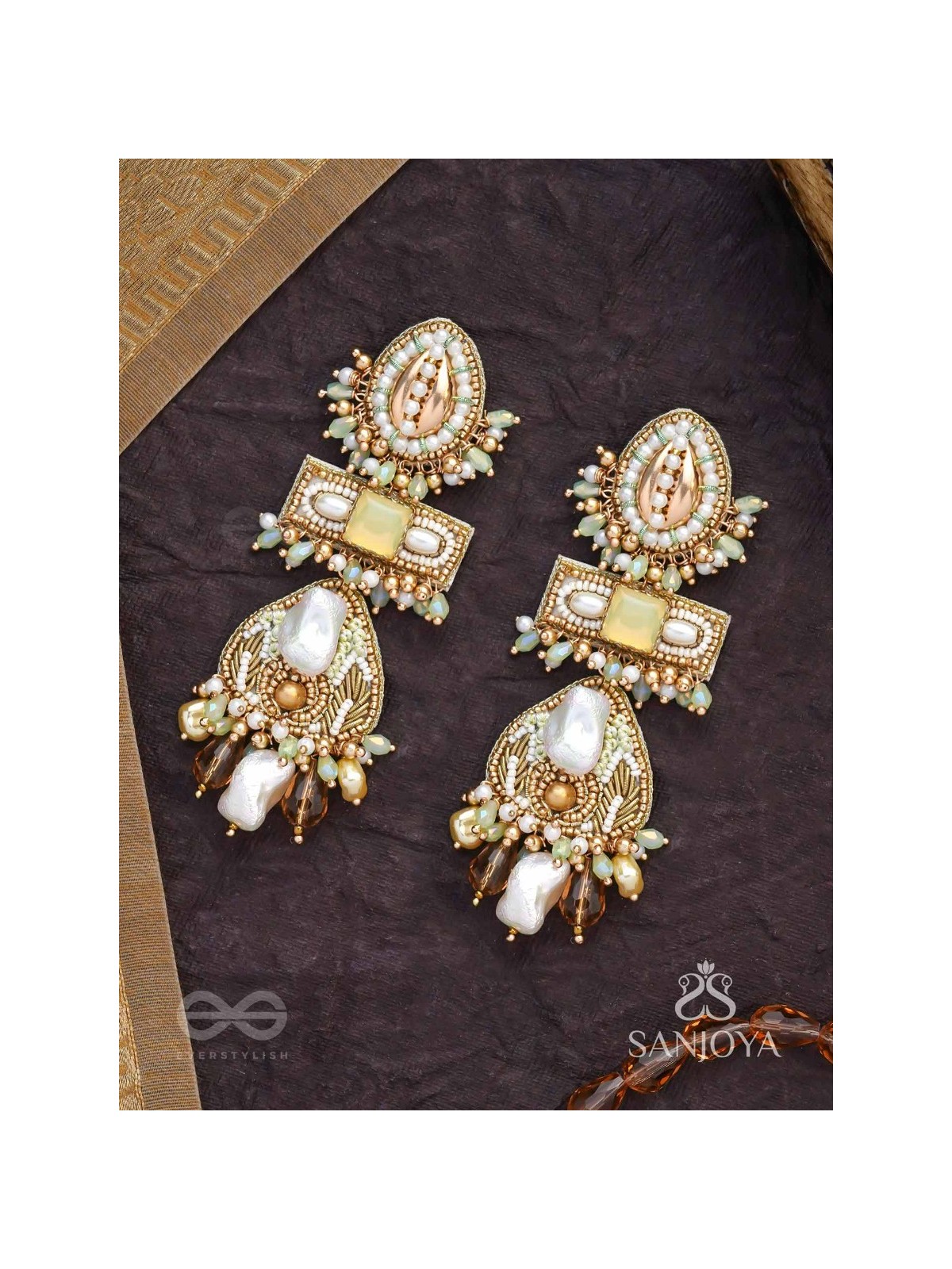 Atisitam- - The Regal Wonderland- Shells, Stones, Beads And Glass Drops Hand Embroidered Earrings