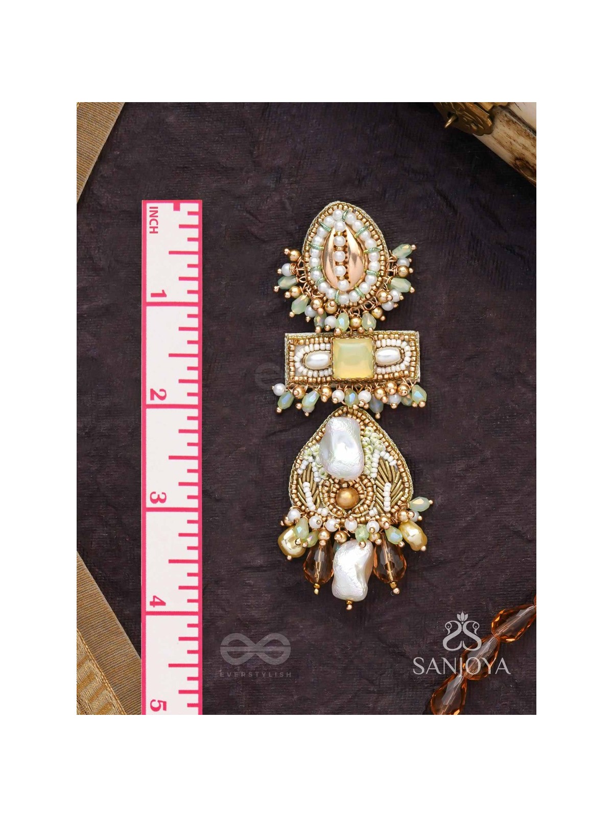 Atisitam- - The Regal Wonderland- Shells, Stones, Beads And Glass Drops Hand Embroidered Earrings