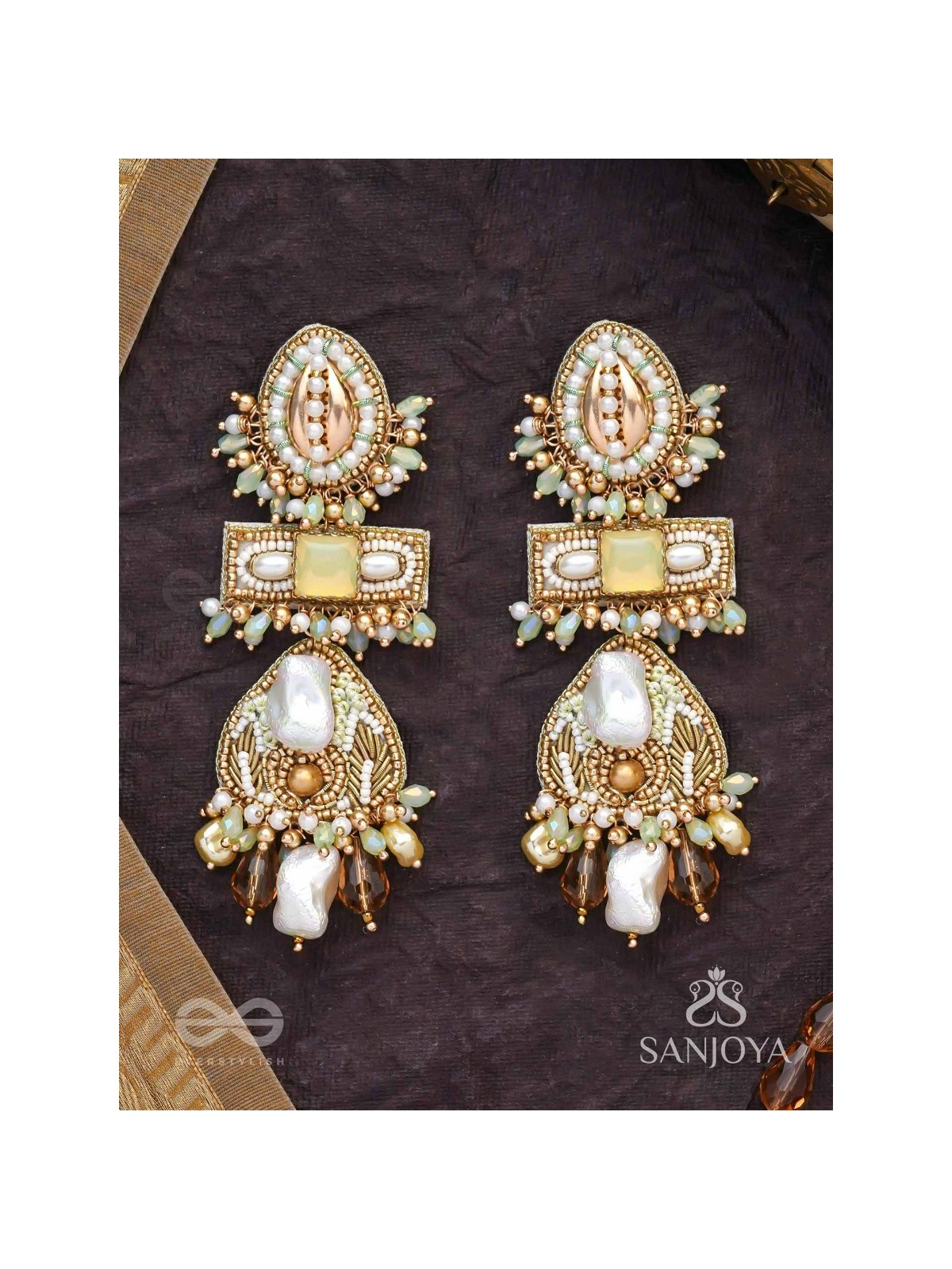 Atisitam- - The Regal Wonderland- Shells, Stones, Beads And Glass Drops Hand Embroidered Earrings