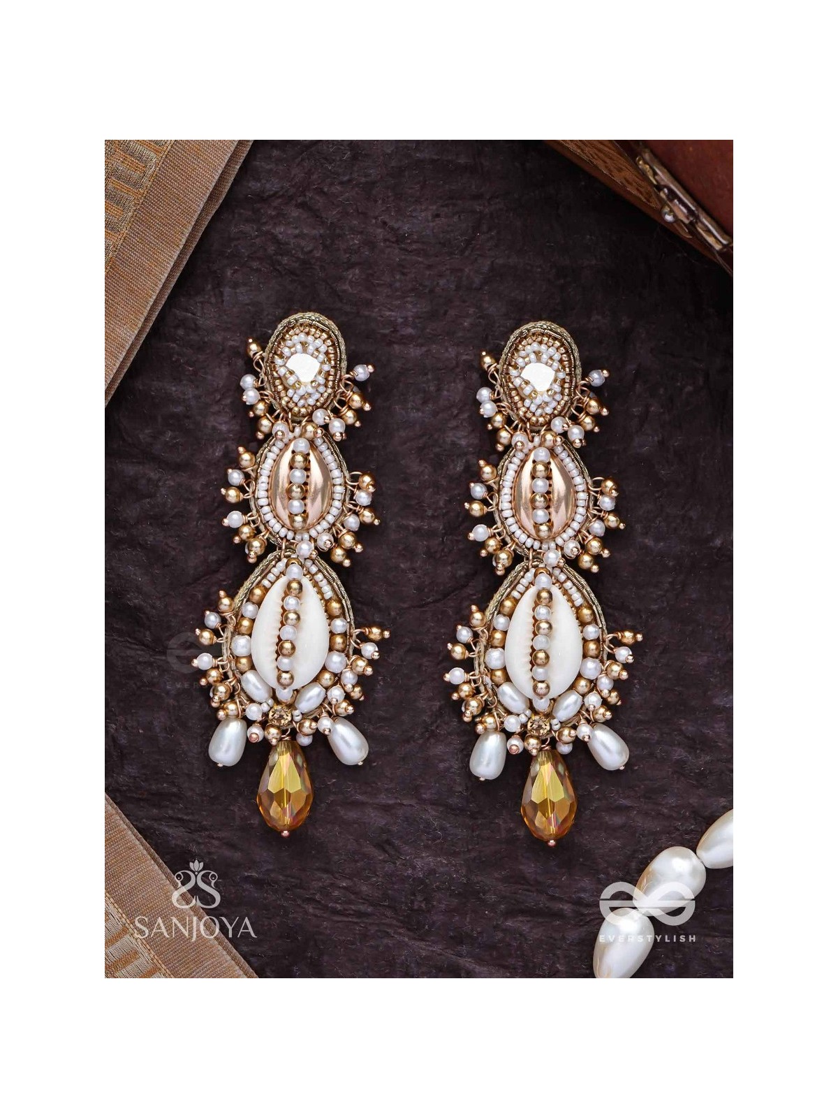 Samudrika- The Marine Magic- Shells, Beads, Pearl And Glass Drops Hand Embroidered Earrings