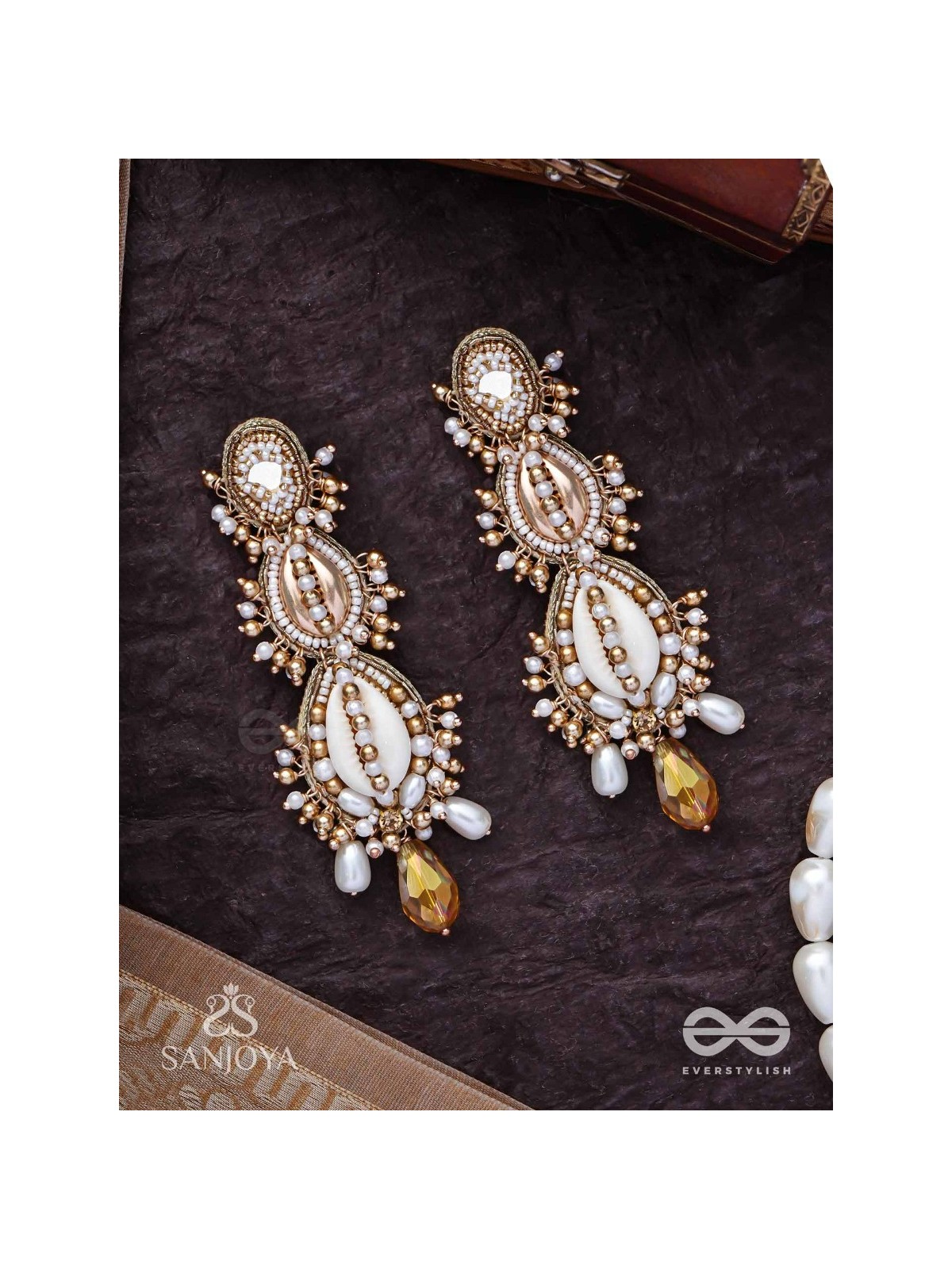 Samudrika- The Marine Magic- Shells, Beads, Pearl And Glass Drops Hand Embroidered Earrings