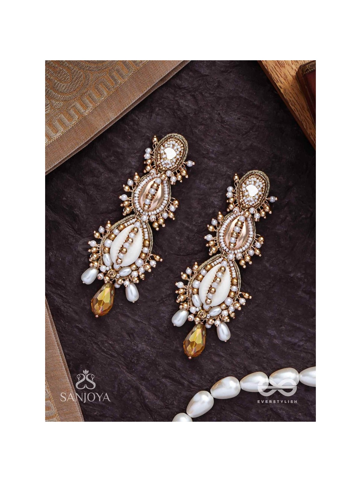 Samudrika- The Marine Magic- Shells, Beads, Pearl And Glass Drops Hand Embroidered Earrings