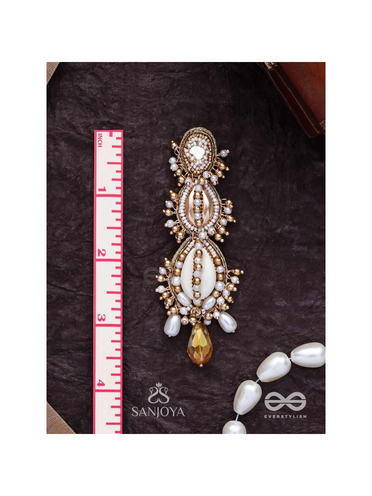 Samudrika- The Marine Magic- Shells, Beads, Pearl And Glass Drops Hand Embroidered Earrings