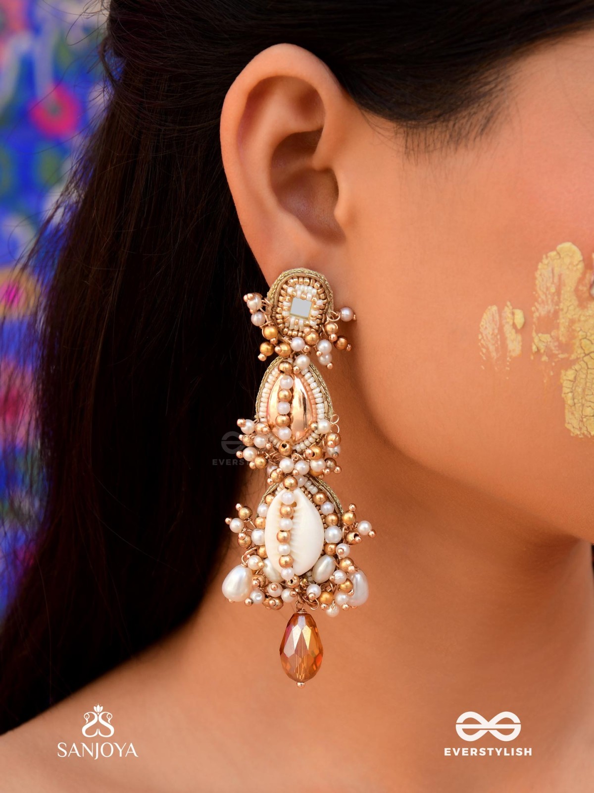 Samudrika- The Marine Magic- Shells, Beads, Pearl And Glass Drops Hand Embroidered Earrings