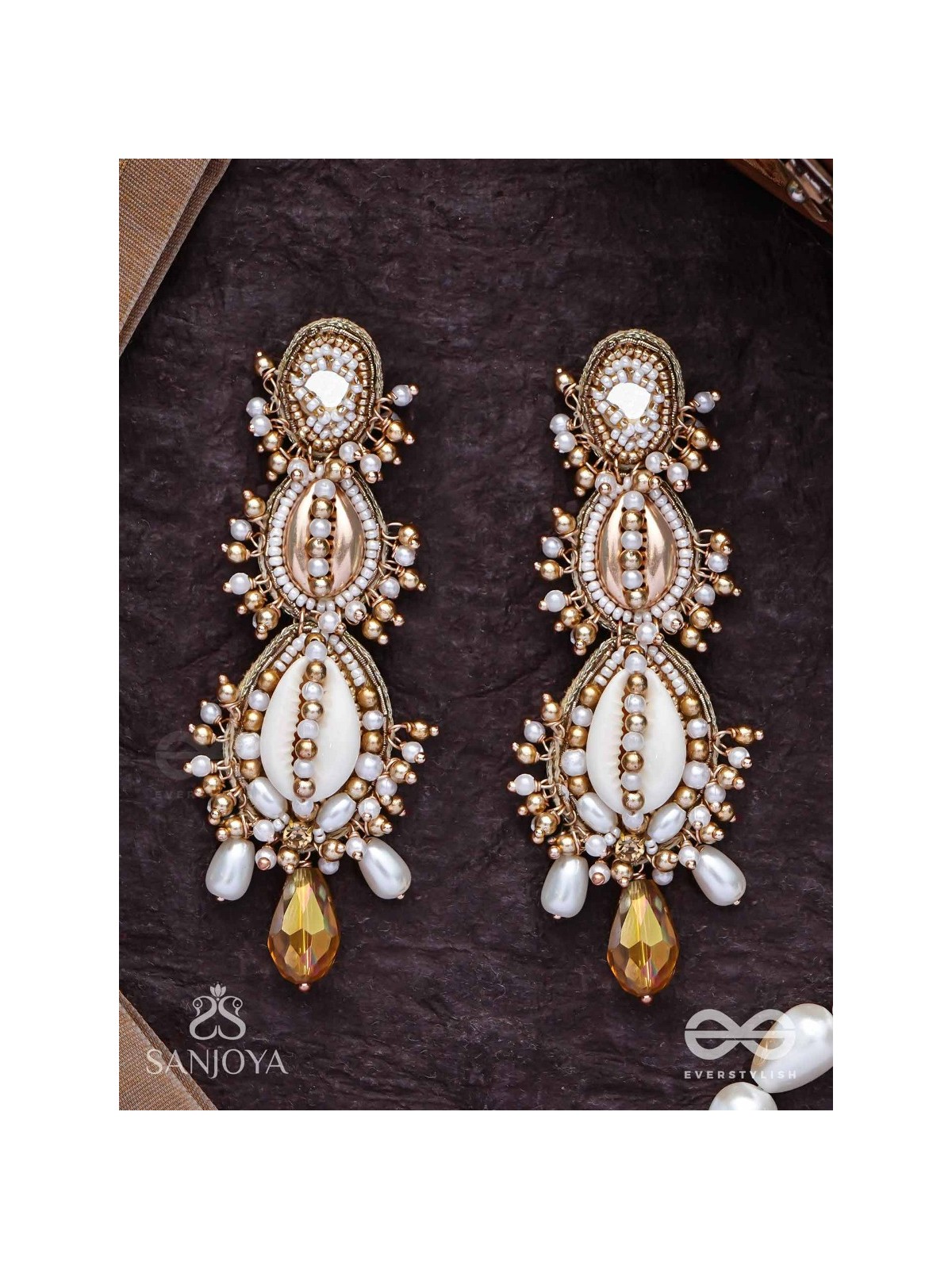 Samudrika- The Marine Magic- Shells, Beads, Pearl And Glass Drops Hand Embroidered Earrings