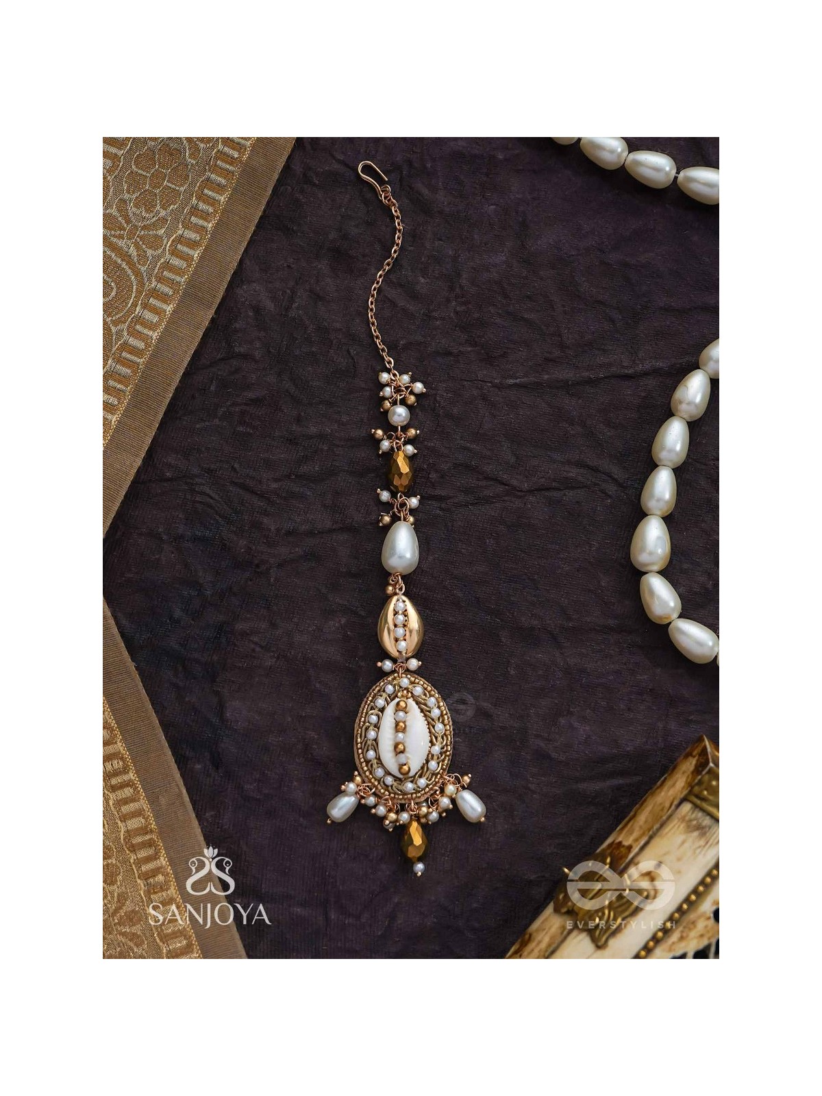 Himaabh- The Sea Frost- Shell, Beads, Pearl And Glass Drops Hand Embroidered Maangtika