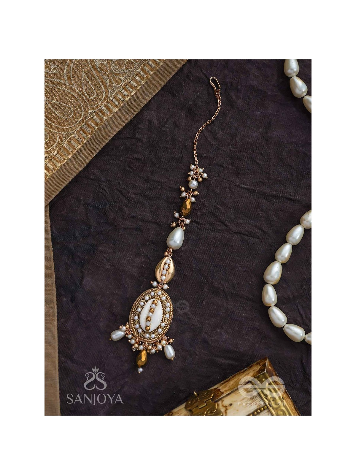 Himaabh- The Sea Frost- Shell, Beads, Pearl And Glass Drops Hand Embroidered Maangtika