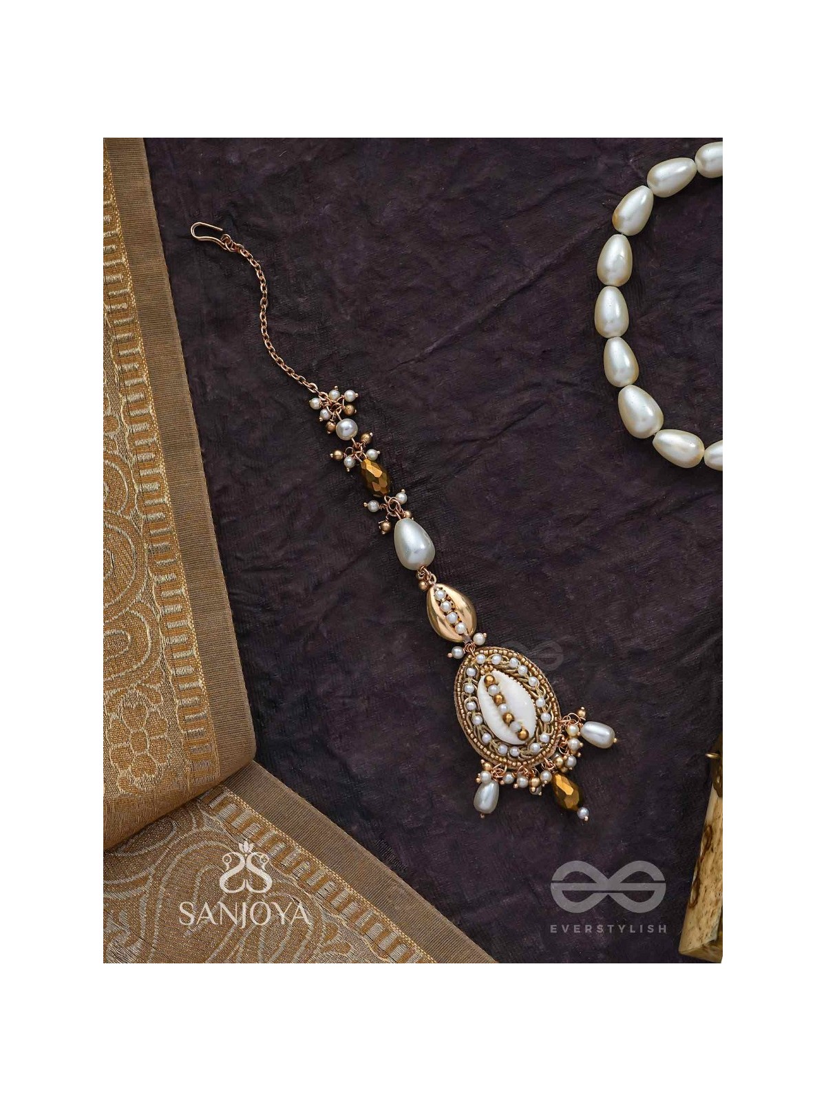 Himaabh- The Sea Frost- Shell, Beads, Pearl And Glass Drops Hand Embroidered Maangtika