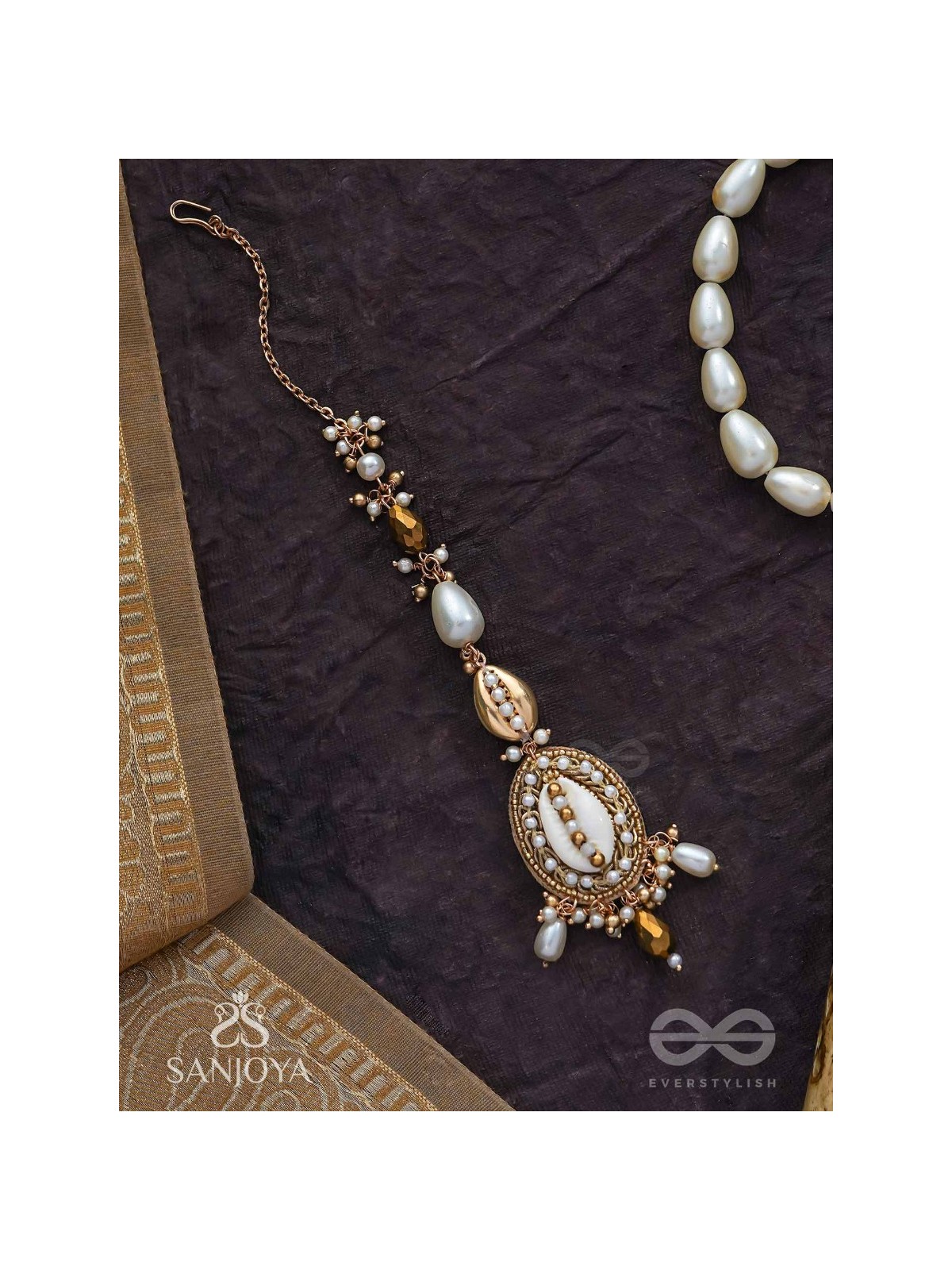 Himaabh- The Sea Frost- Shell, Beads, Pearl And Glass Drops Hand Embroidered Maangtika