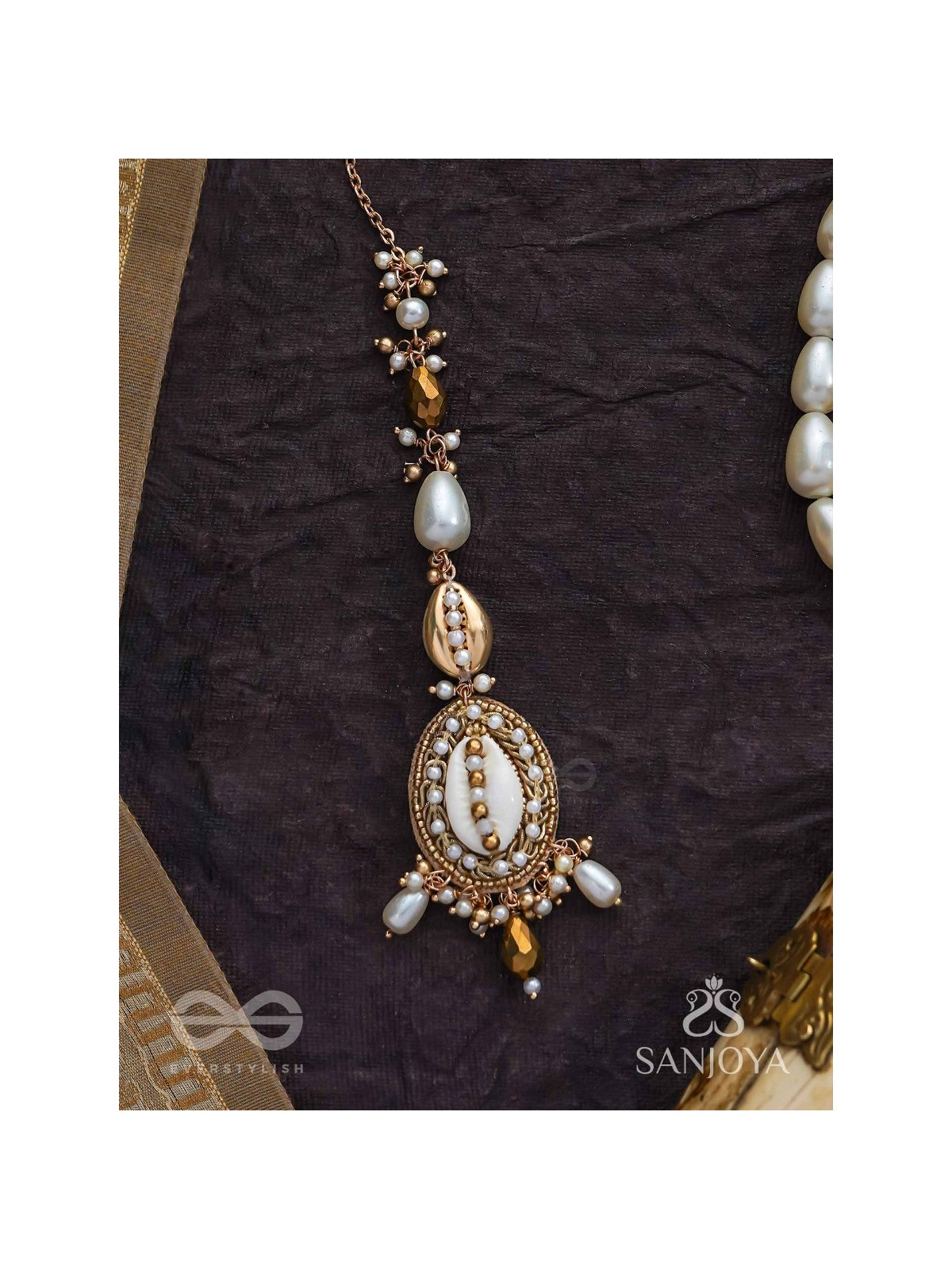 Himaabh- The Sea Frost- Shell, Beads, Pearl And Glass Drops Hand Embroidered Maangtika
