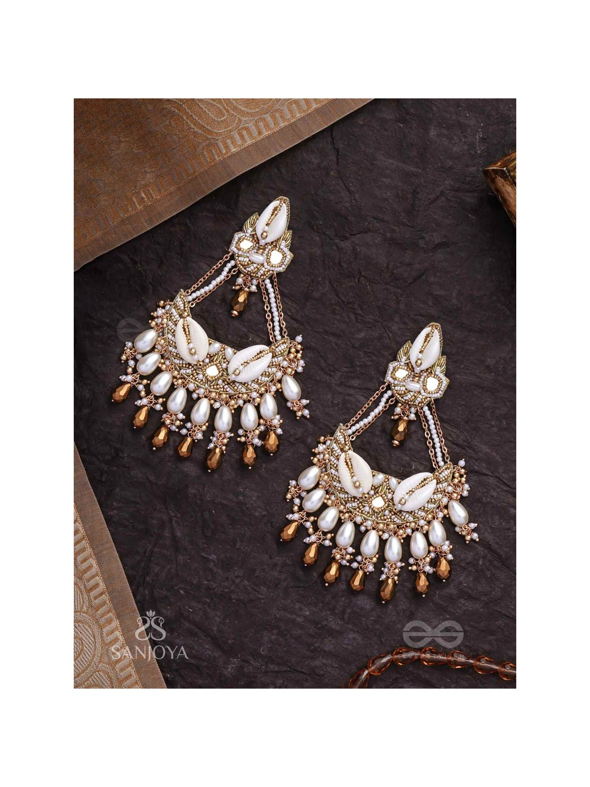 Artharasi- The Shimmering Wealth- Shells, Beads, Pearl And Glass Drops Hand Embroidered Earrings