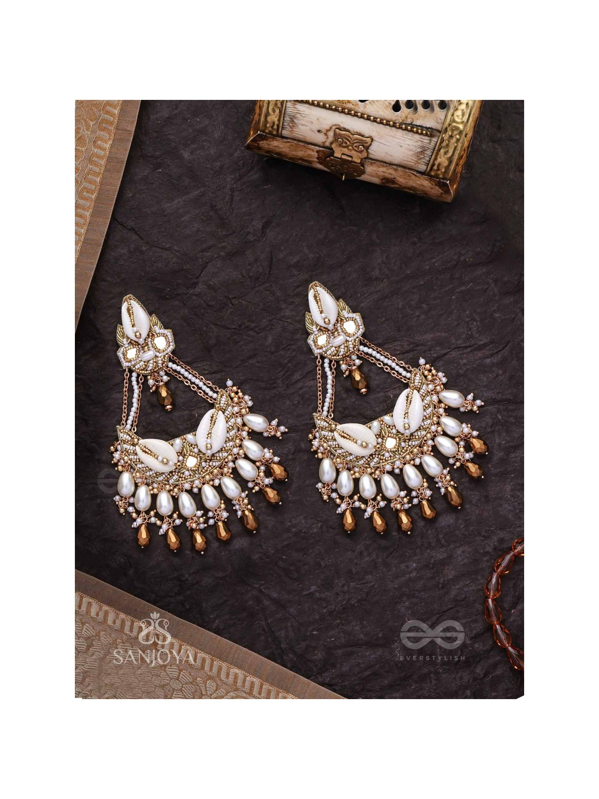 Artharasi- The Shimmering Wealth- Shells, Beads, Pearl And Glass Drops Hand Embroidered Earrings