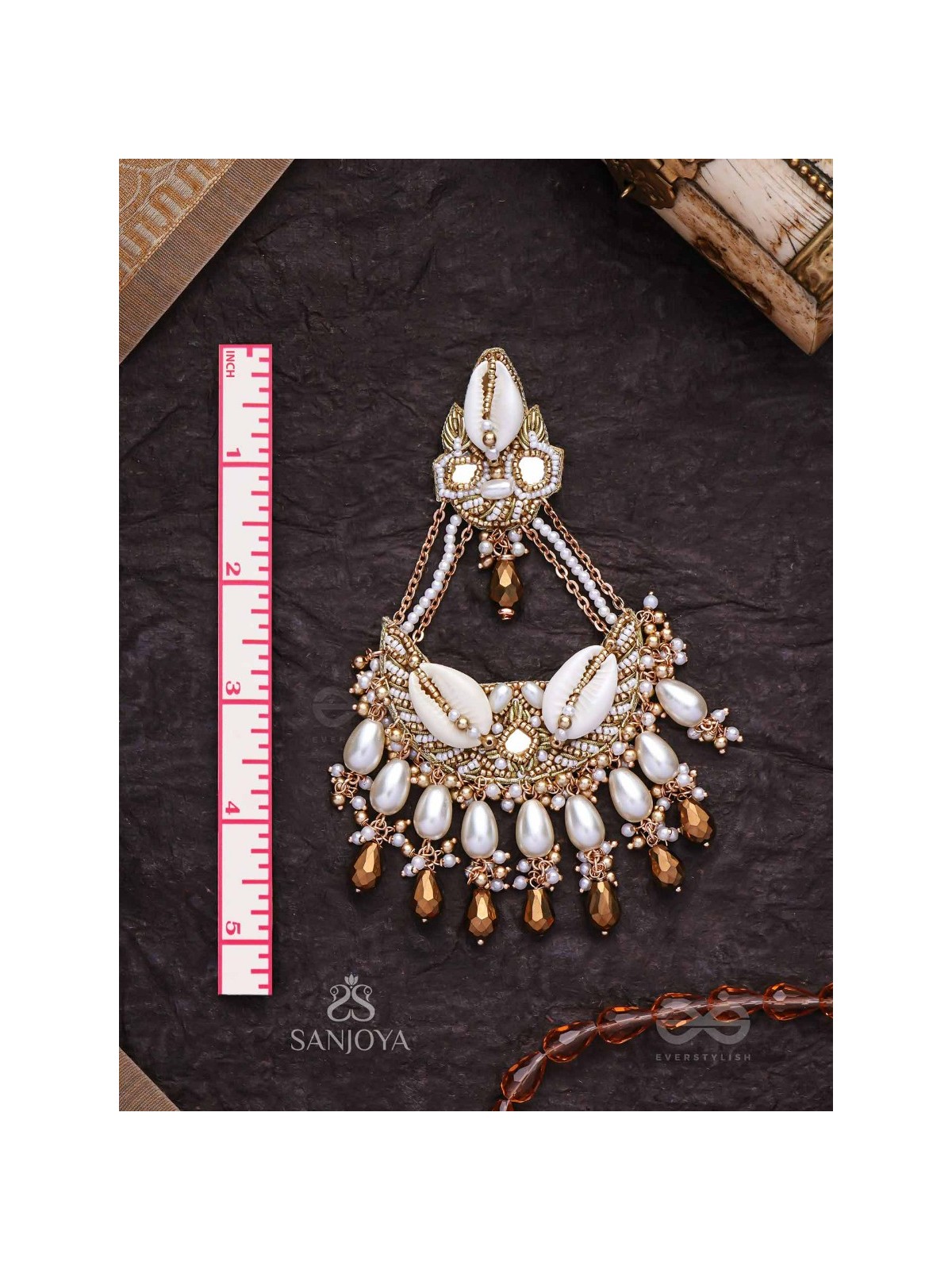 Artharasi- The Shimmering Wealth- Shells, Beads, Pearl And Glass Drops Hand Embroidered Earrings
