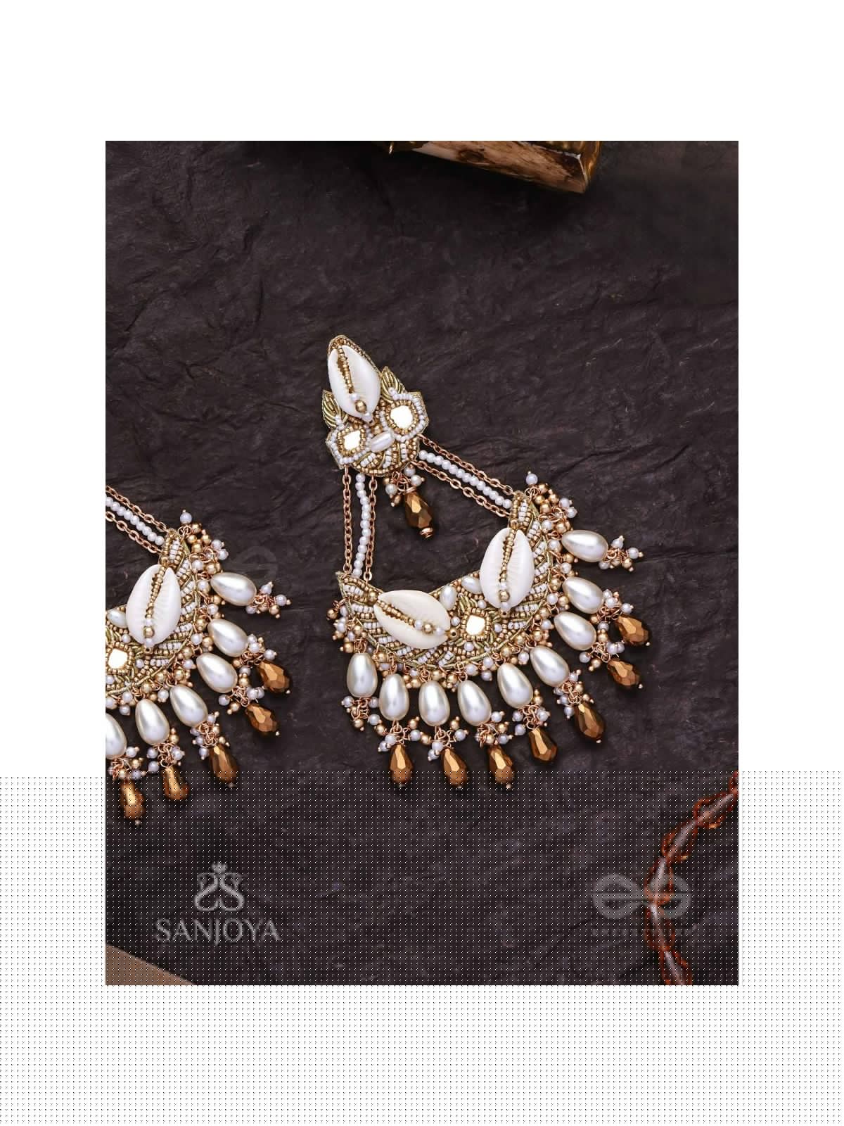 Artharasi- The Shimmering Wealth- Shells, Beads, Pearl And Glass Drops Hand Embroidered Earrings