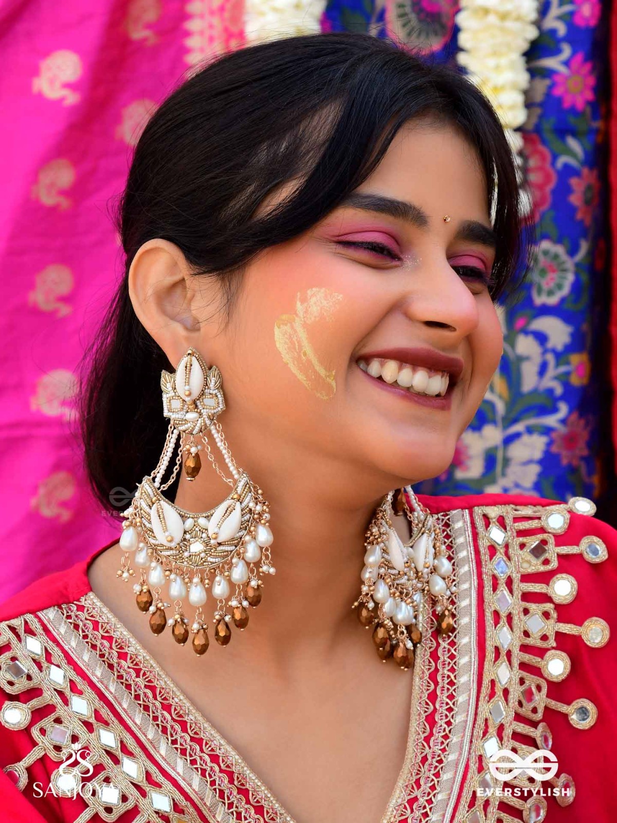 Artharasi- The Shimmering Wealth- Shells, Beads, Pearl And Glass Drops Hand Embroidered Earrings