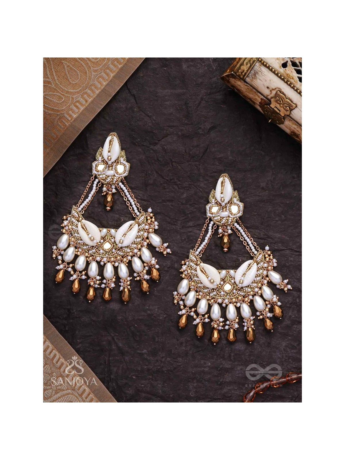 Artharasi- The Shimmering Wealth- Shells, Beads, Pearl And Glass Drops Hand Embroidered Earrings