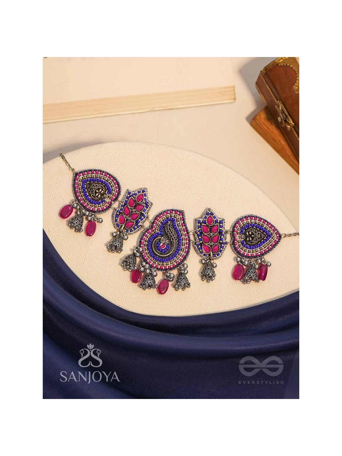 Strimaye - The Passionate Femininity - Beads And Stones Hand Embroidered Oxidised Neckpiece