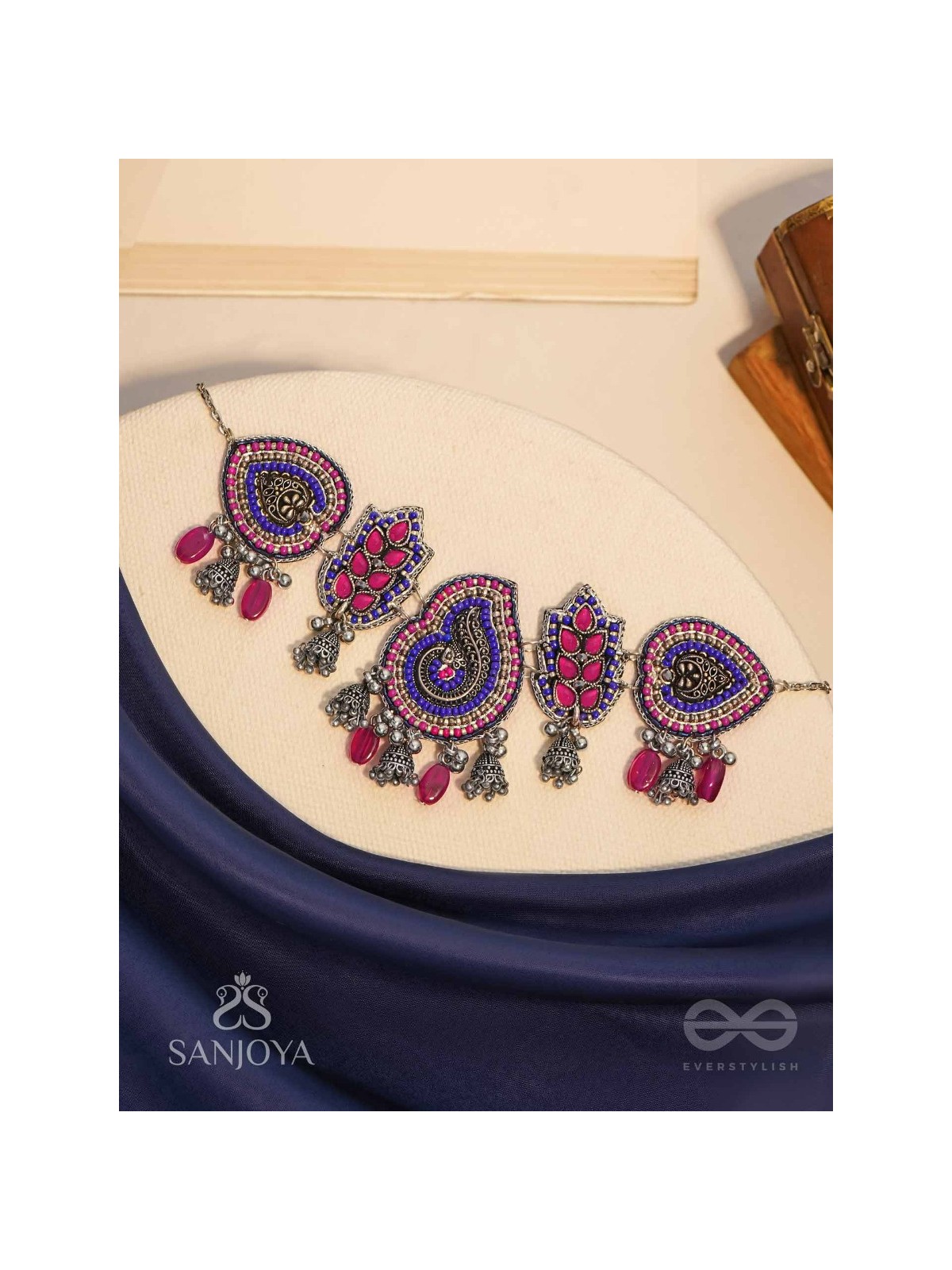 Strimaye - The Passionate Femininity - Beads And Stones Hand Embroidered Oxidised Neckpiece