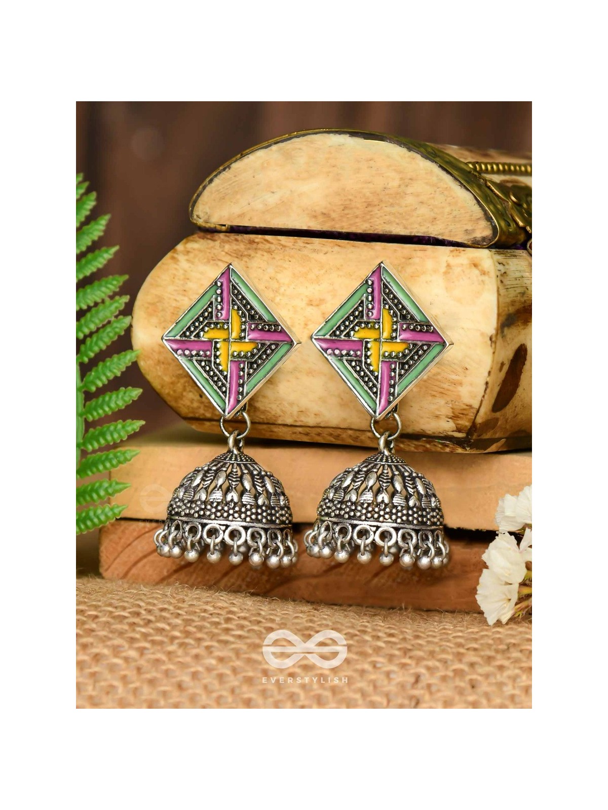 The Dazzled Chakravyuh- Enamelled Oxidised Jhumka Earrings
