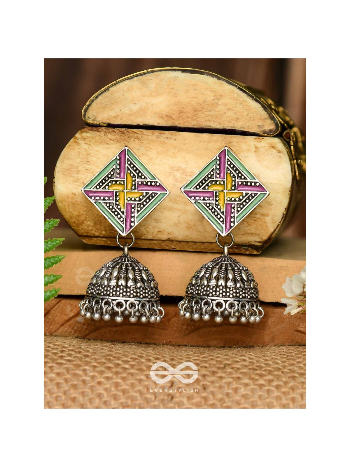 The Dazzled Chakravyuh- Enamelled Oxidised Jhumka Earrings