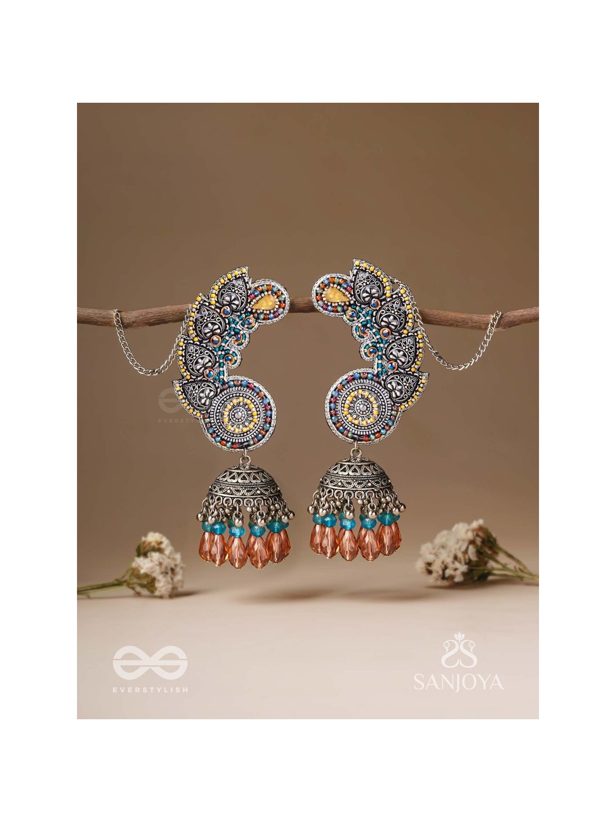 Kalaap- The Peacock's Tail- Beads And Glass Drops Hand Embroidered Oxidised Jhumka Earrings