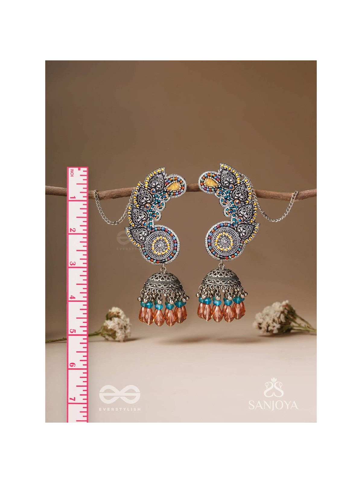 Kalaap- The Peacock's Tail- Beads And Glass Drops Hand Embroidered Oxidised Jhumka Earrings
