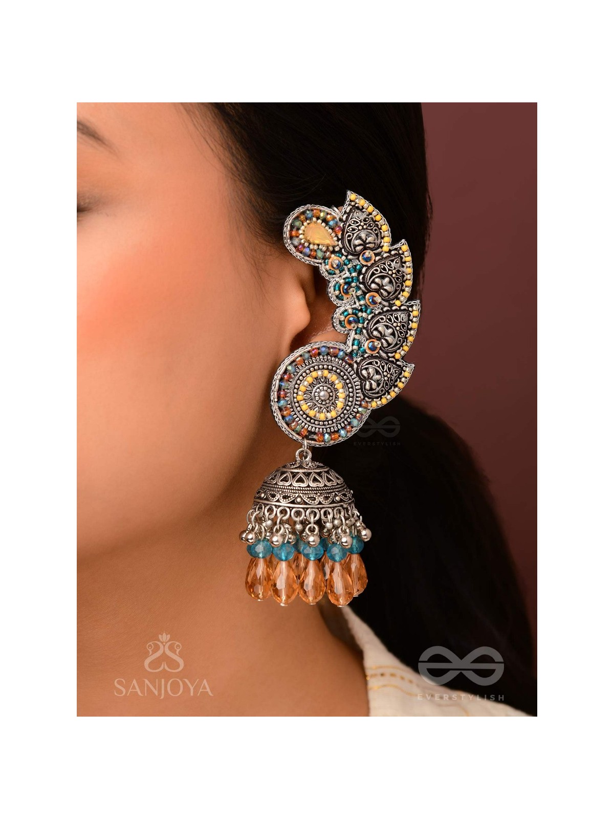 Kalaap- The Peacock's Tail- Beads And Glass Drops Hand Embroidered Oxidised Jhumka Earrings