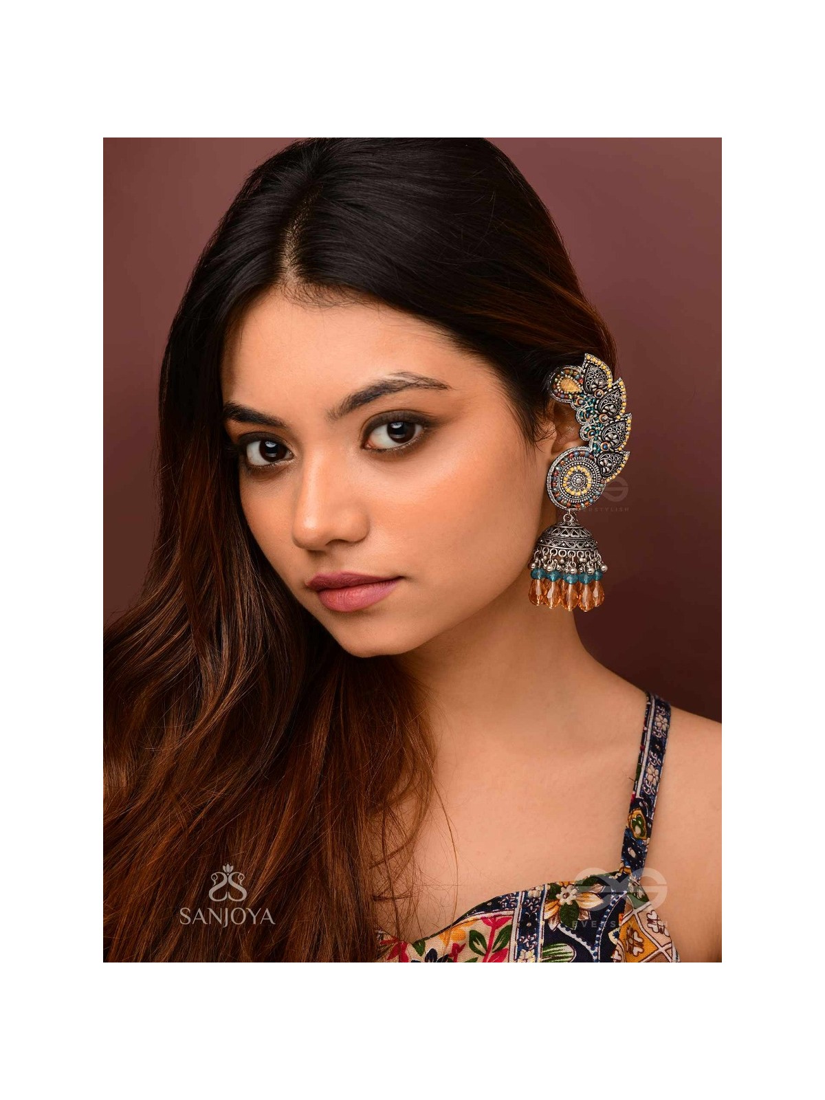 Kalaap- The Peacock's Tail- Beads And Glass Drops Hand Embroidered Oxidised Jhumka Earrings