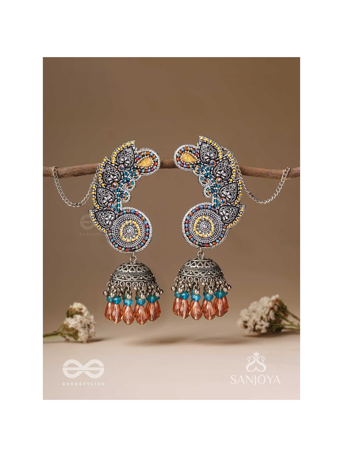 Kalaap- The Peacock's Tail- Beads And Glass Drops Hand Embroidered Oxidised Jhumka Earrings