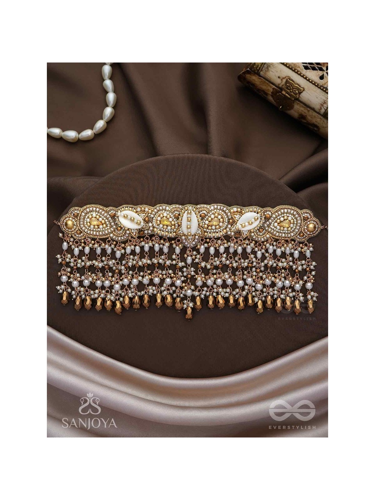 Prishit - Remnants Of The Raindrops- Stones, Beads, Glass Drops And Shells Hand Embroidered Choker Neckpiece