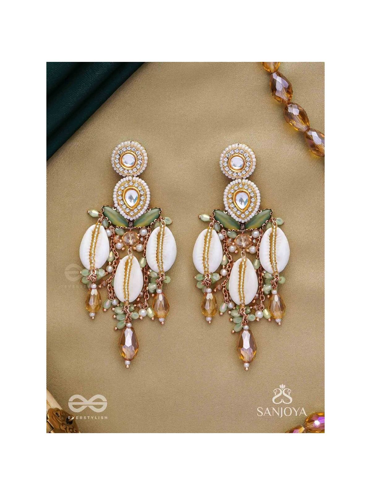 Divyaan- The Celestial Dreamdust- Shells, Beads, Polki And Kundan Finished Hand Embroidered Earrings