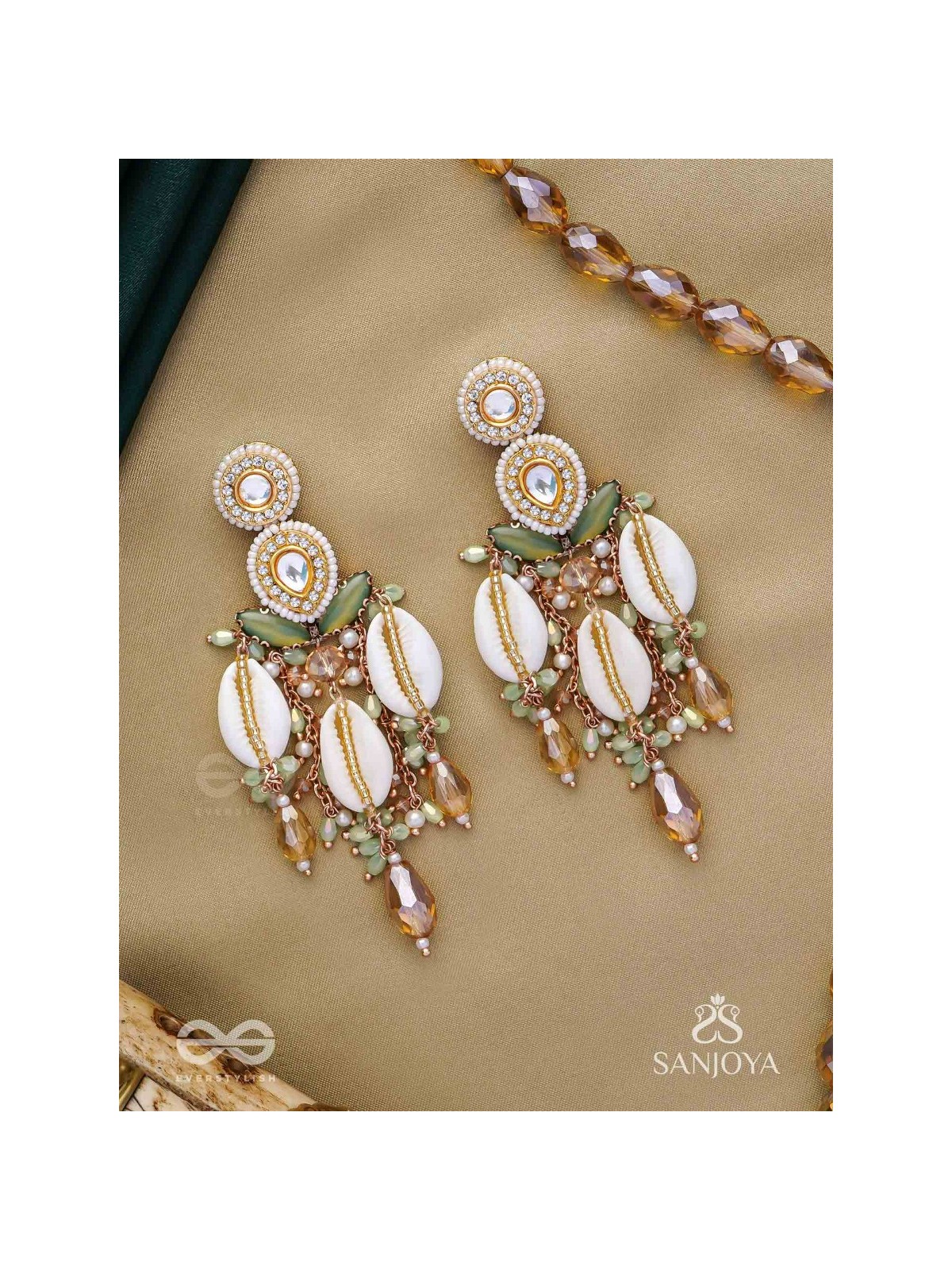 Divyaan- The Celestial Dreamdust- Shells, Beads, Polki And Kundan Finished Hand Embroidered Earrings