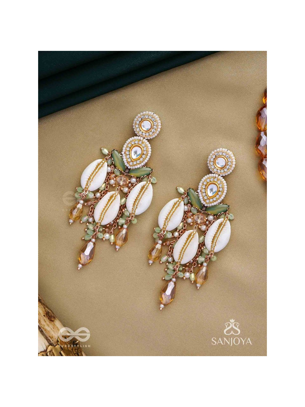 Divyaan- The Celestial Dreamdust- Shells, Beads, Polki And Kundan Finished Hand Embroidered Earrings