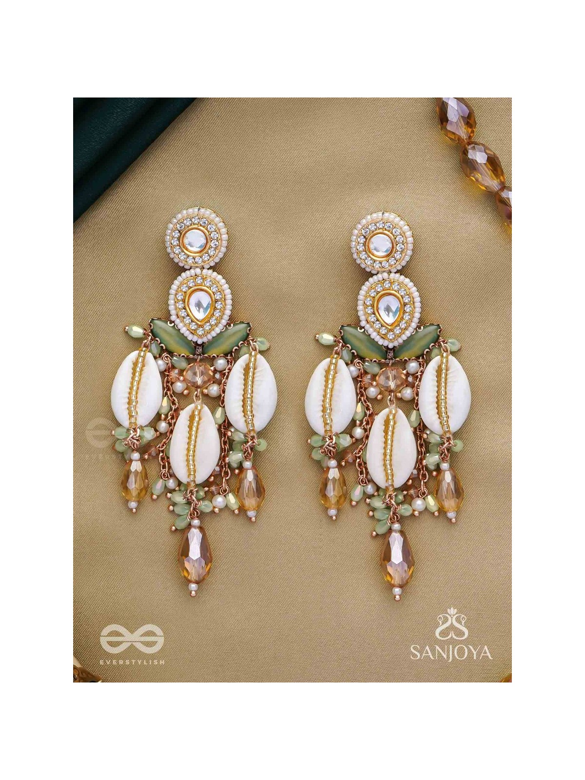 Divyaan- The Celestial Dreamdust- Shells, Beads, Polki And Kundan Finished Hand Embroidered Earrings