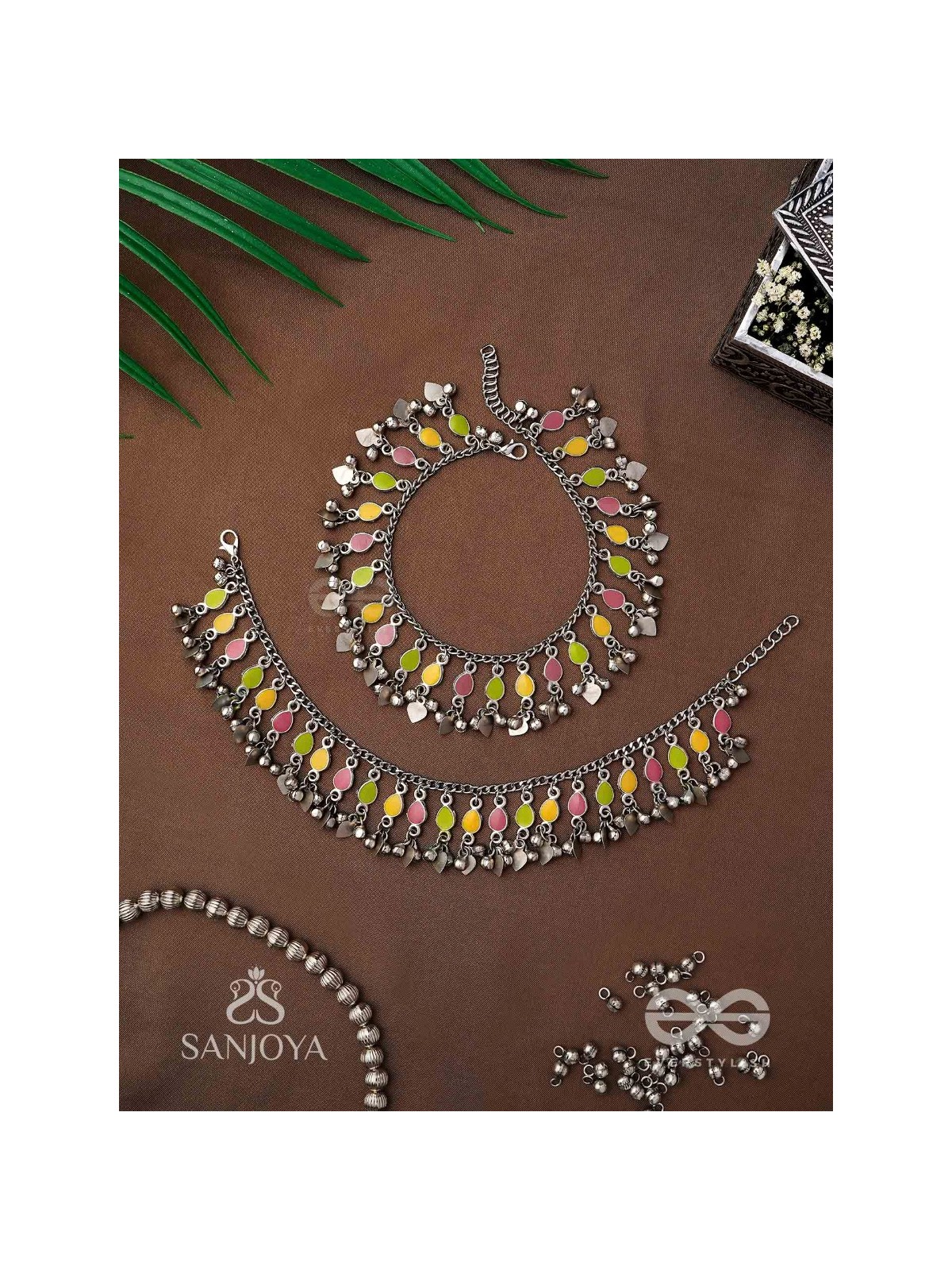 The Dainty Dazzle- Enamelled Oxidised Anklets (Set of 2)