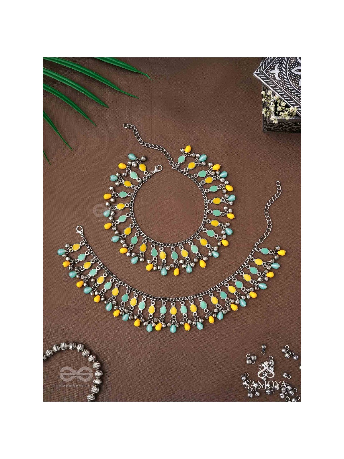 The Sunflower Garden- Enamelled Oxidised Anklets (Set of 2)