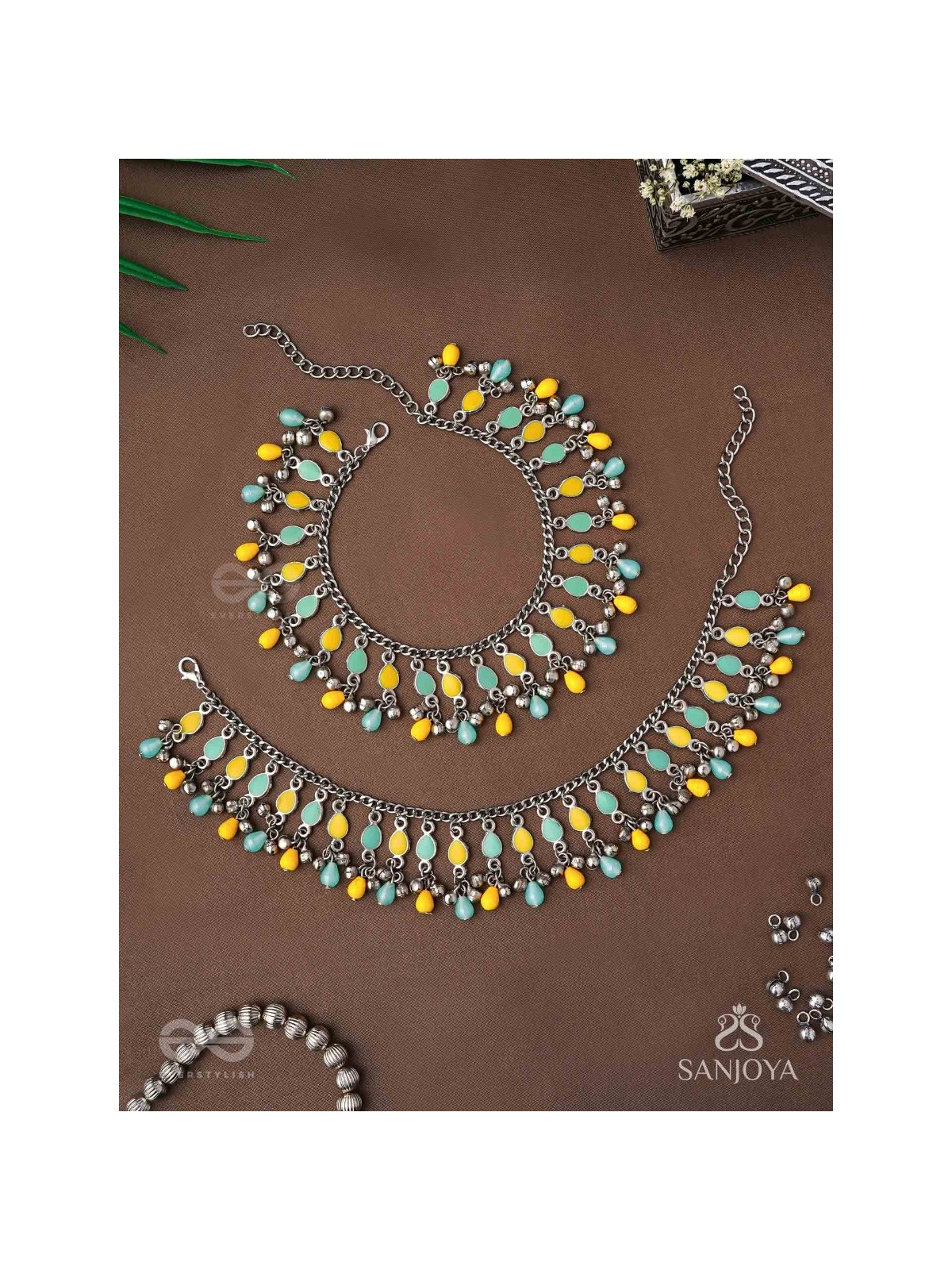 The Sunflower Garden- Enamelled Oxidised Anklets (Set of 2)