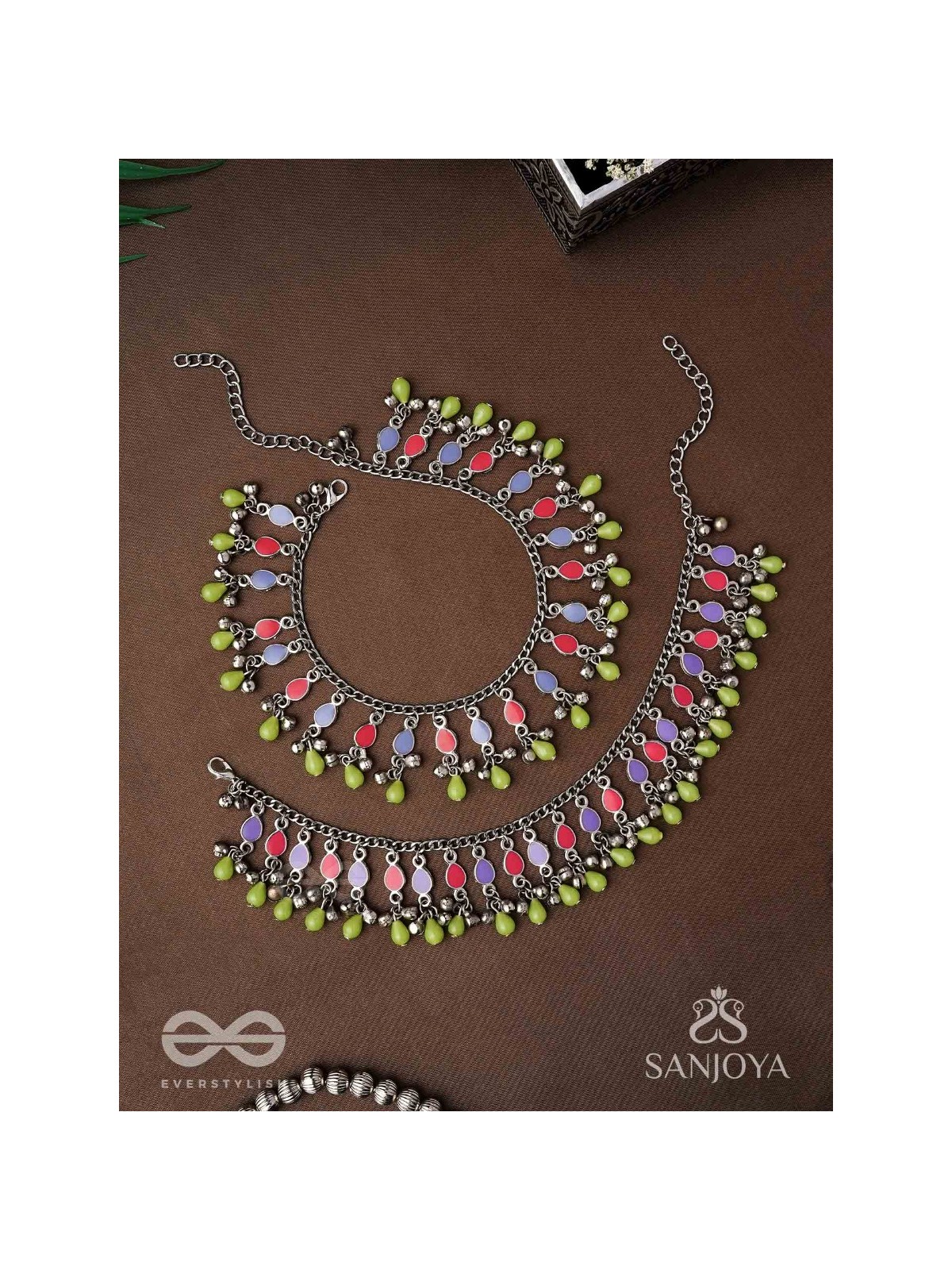 The Dreamcatcher Delight- Enamelled Oxidised Anklets (Set of 2)