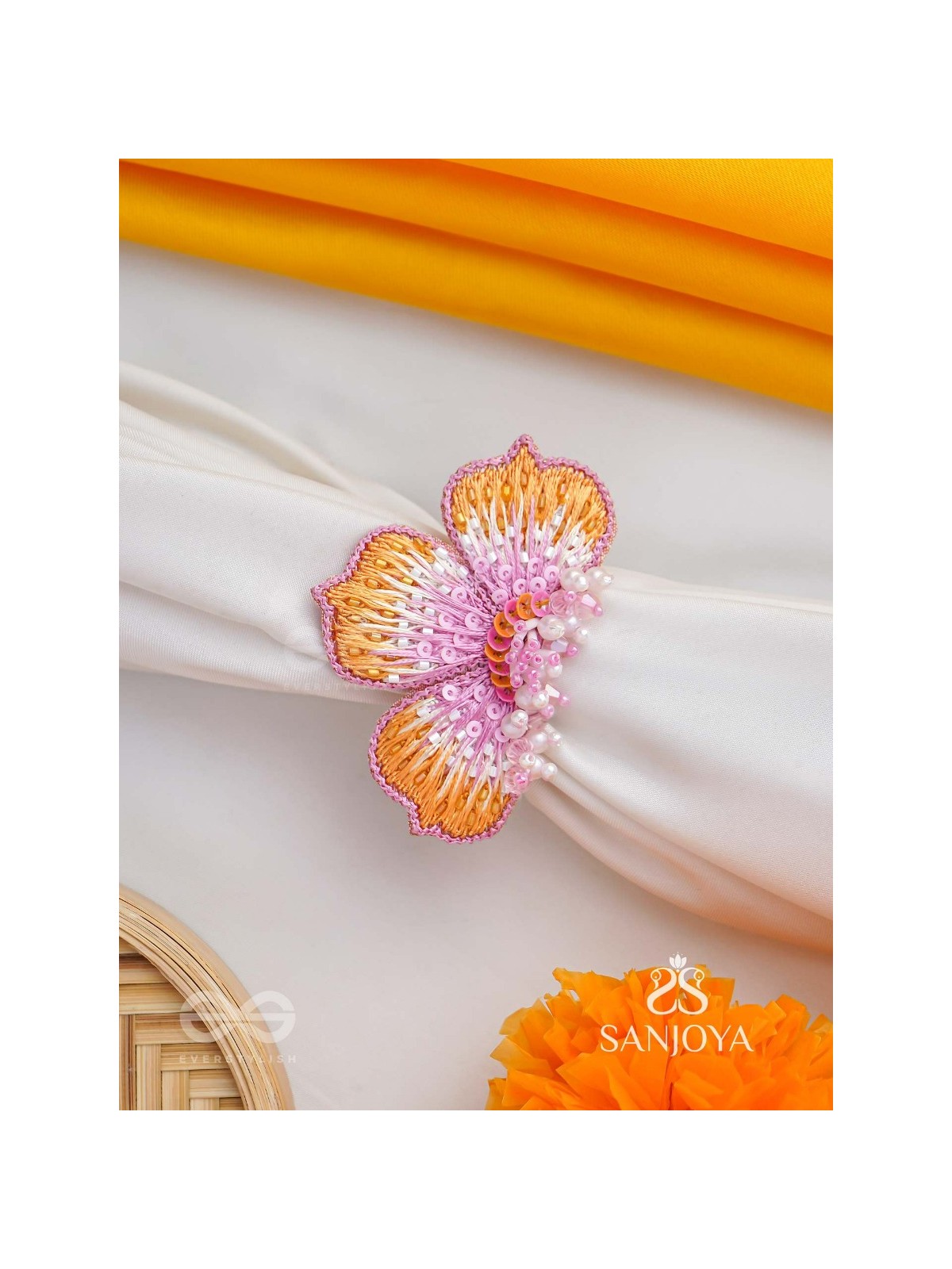 Saradgata- The Autumn Bloom - Resham, Beads And Sequins Hand Embroidered Ring (Adjustable)