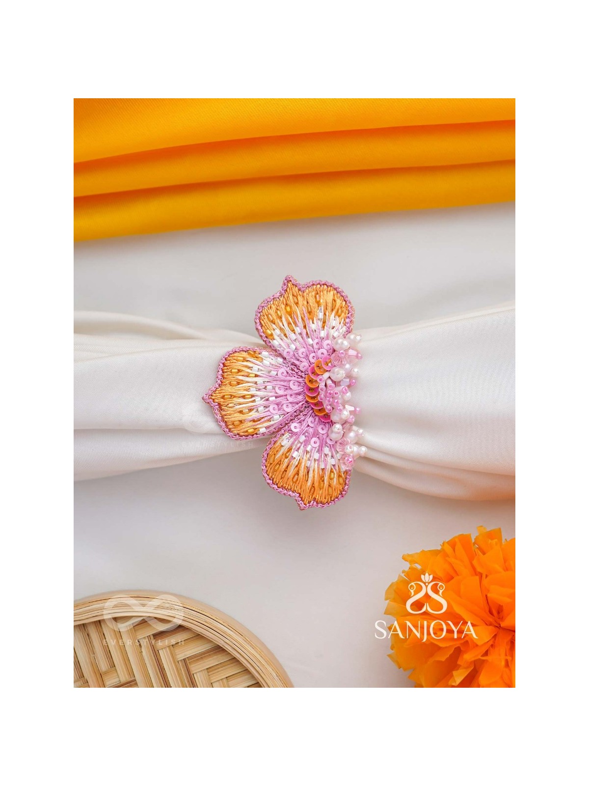 Saradgata- The Autumn Bloom - Resham, Beads And Sequins Hand Embroidered Ring (Adjustable)