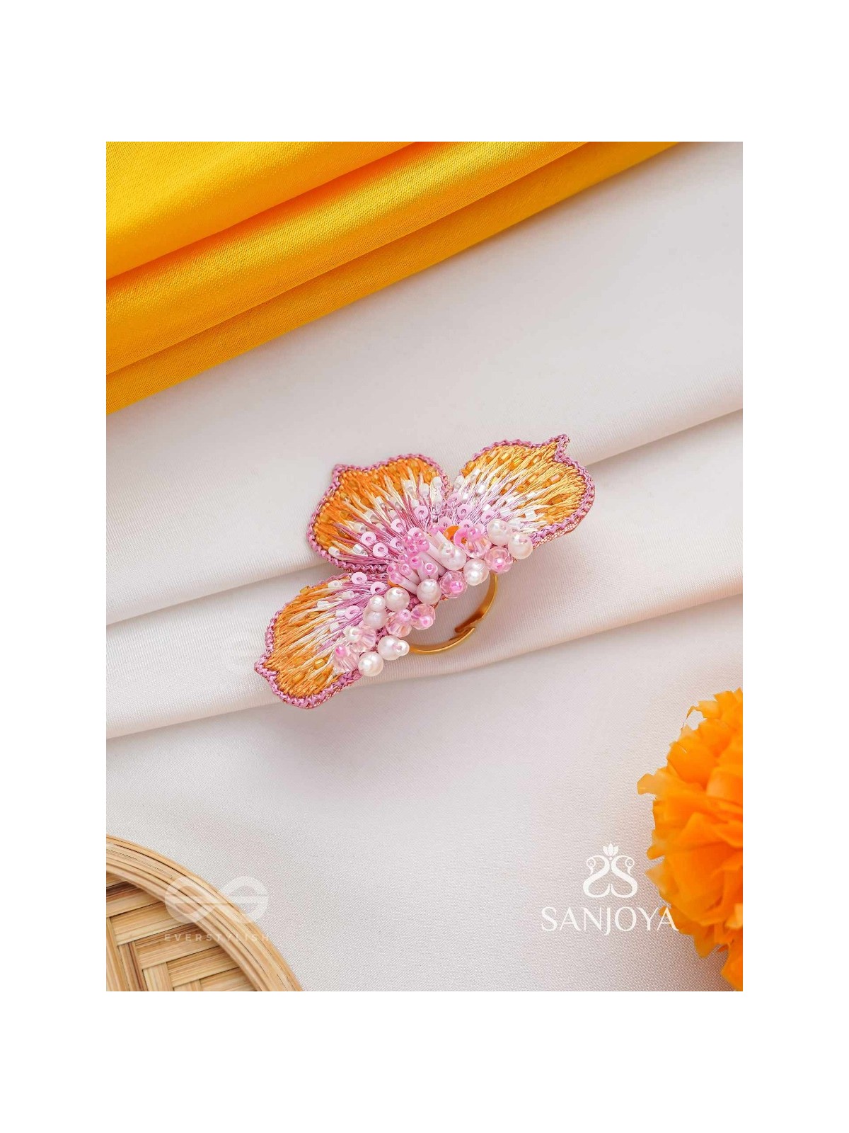 Saradgata- The Autumn Bloom - Resham, Beads And Sequins Hand Embroidered Ring (Adjustable)