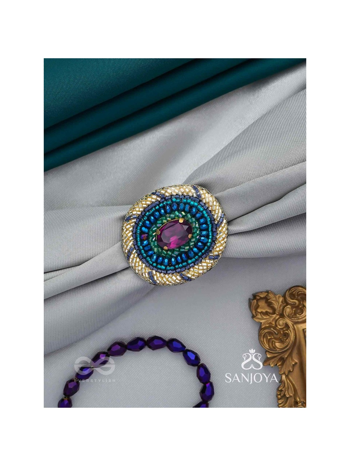 Rajavarta - The Amethyst Luck- Stone And Cutdana Hand Embroidered Ring (Adjustable)