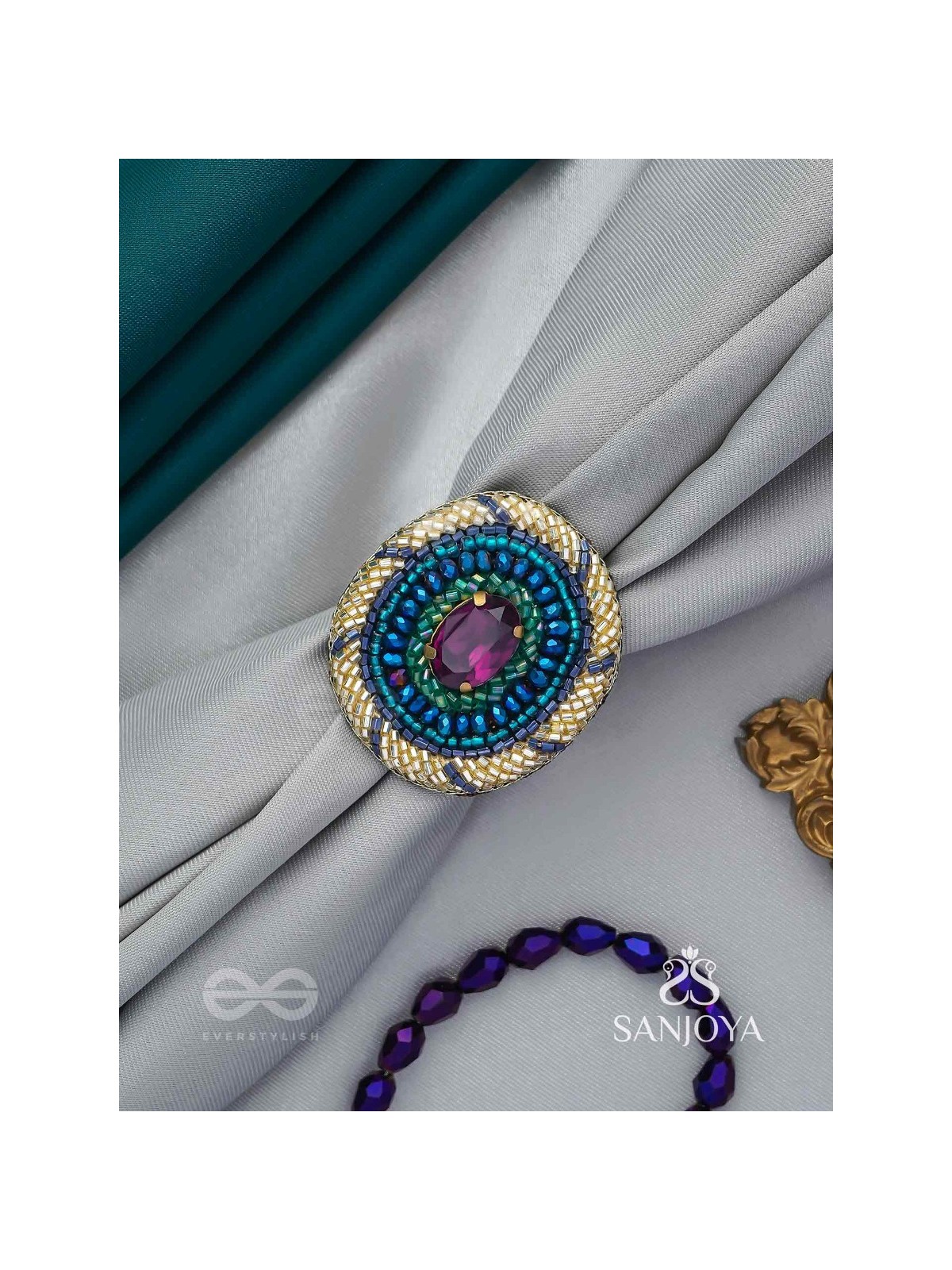 Rajavarta - The Amethyst Luck- Stone And Cutdana Hand Embroidered Ring (Adjustable)