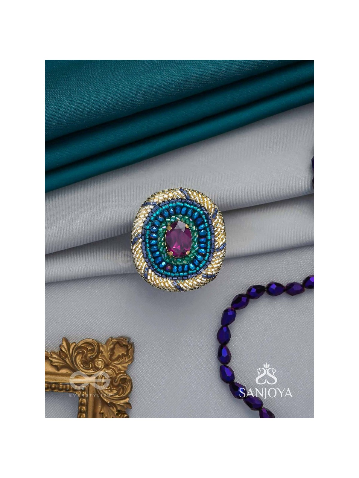 Rajavarta - The Amethyst Luck- Stone And Cutdana Hand Embroidered Ring (Adjustable)