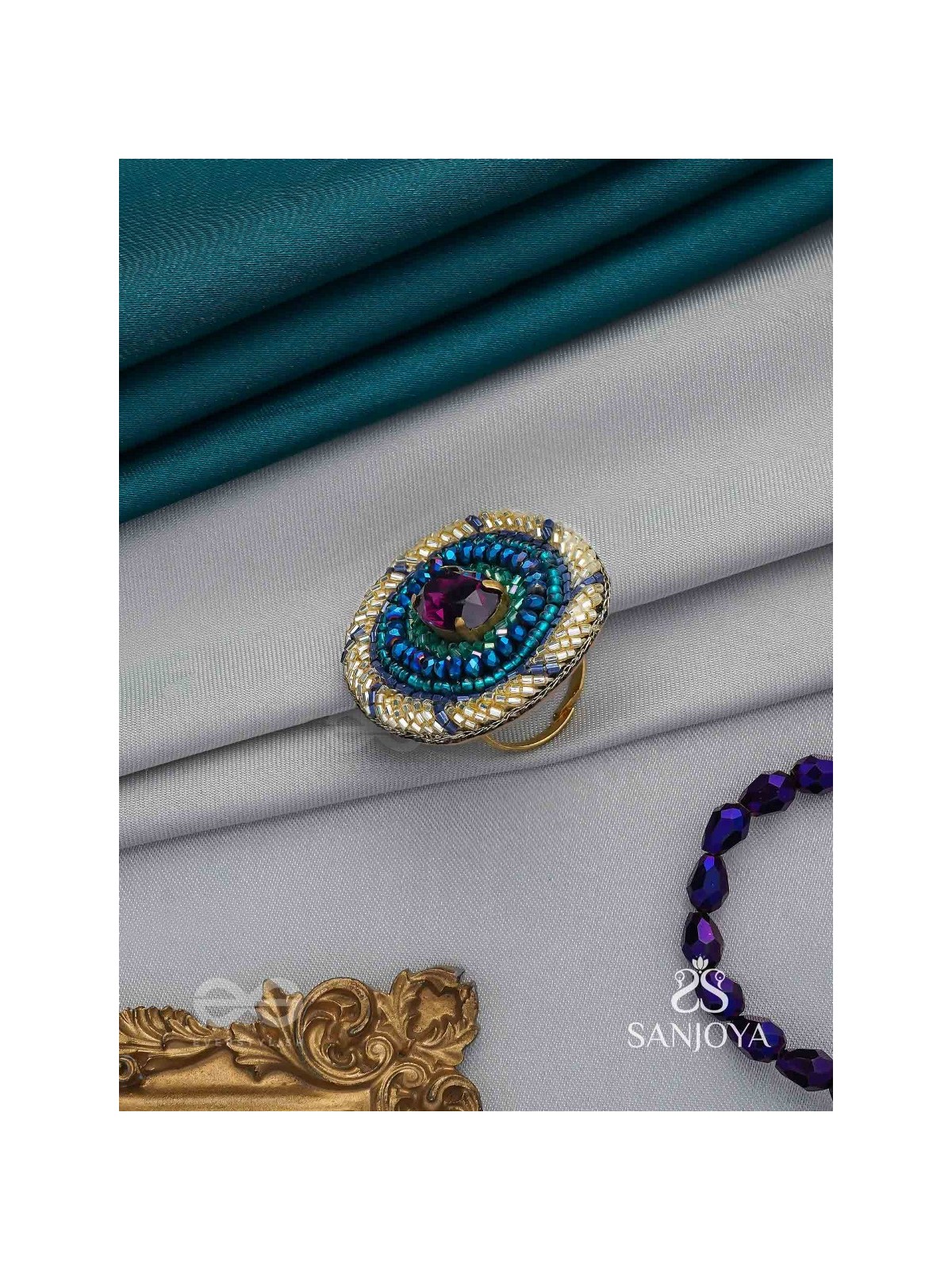 Rajavarta - The Amethyst Luck- Stone And Cutdana Hand Embroidered Ring (Adjustable)