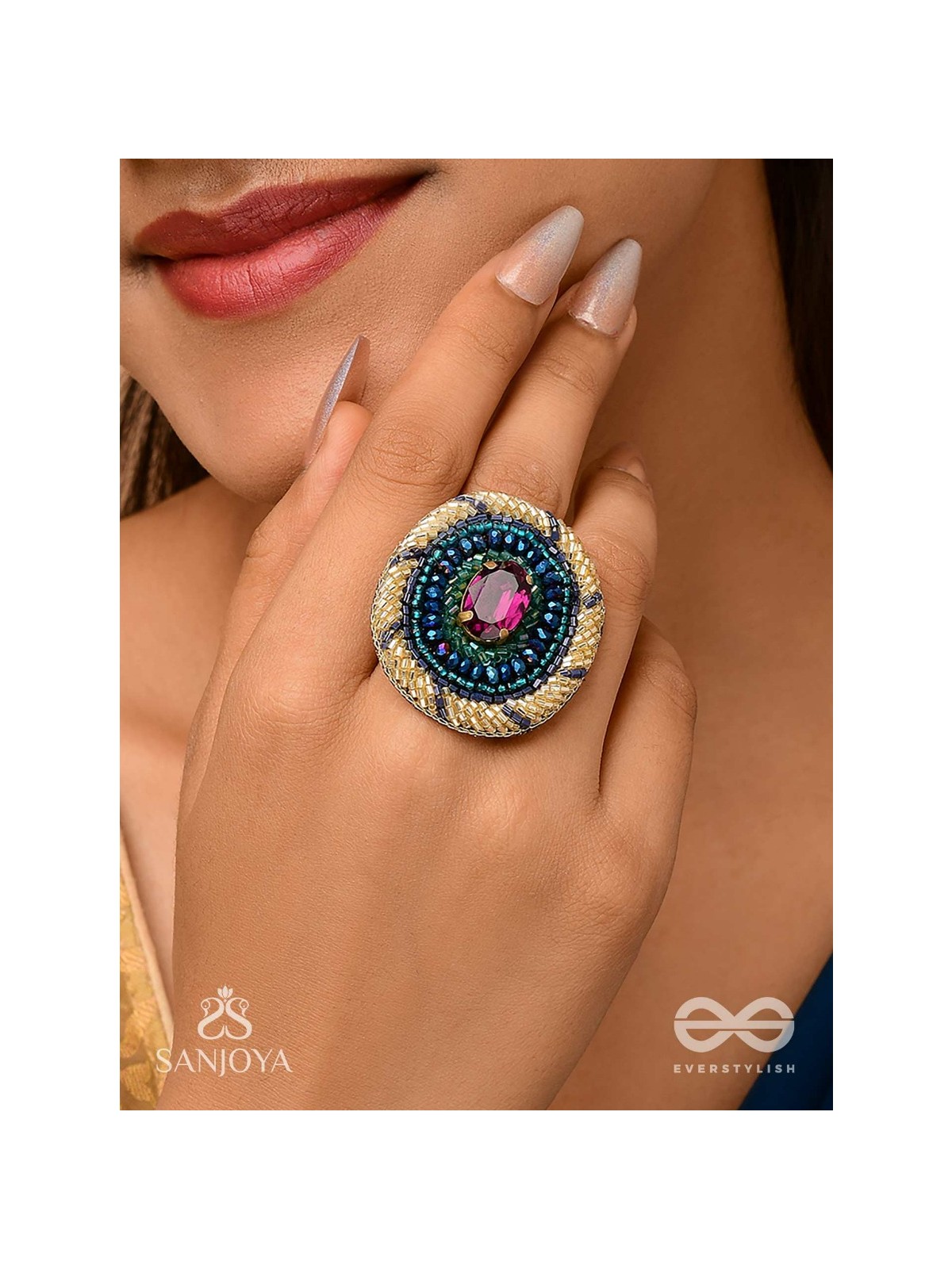 Rajavarta - The Amethyst Luck- Stone And Cutdana Hand Embroidered Ring (Adjustable)