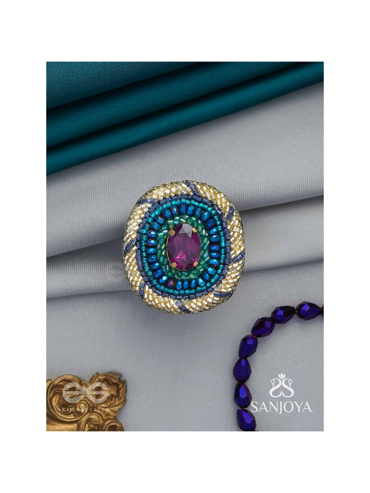 Rajavarta - The Amethyst Luck- Stone And Cutdana Hand Embroidered Ring (Adjustable)