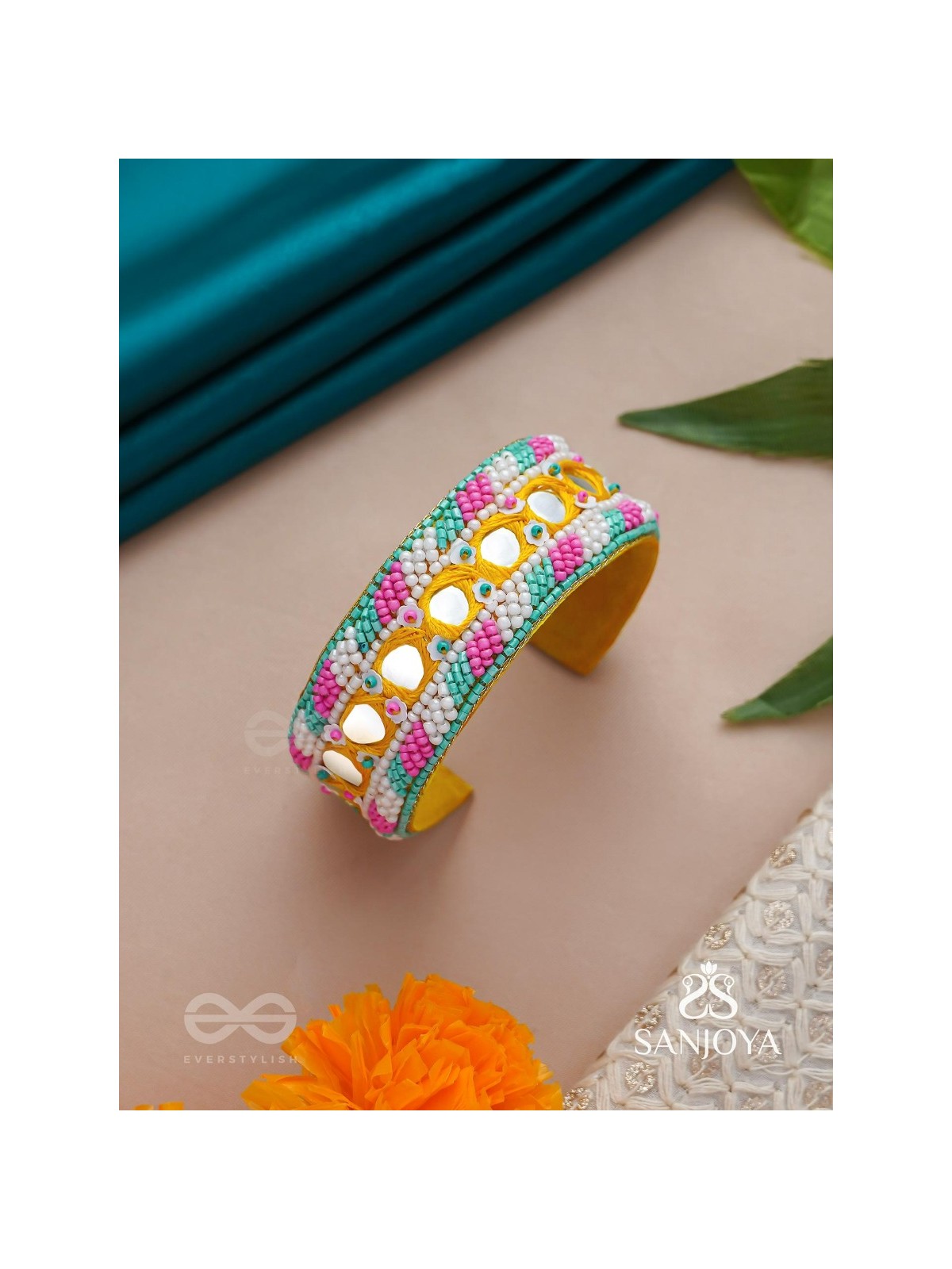 Madana- The Spring Poetry- Mirror, Resham And Beads Hand Embroidered Bangle