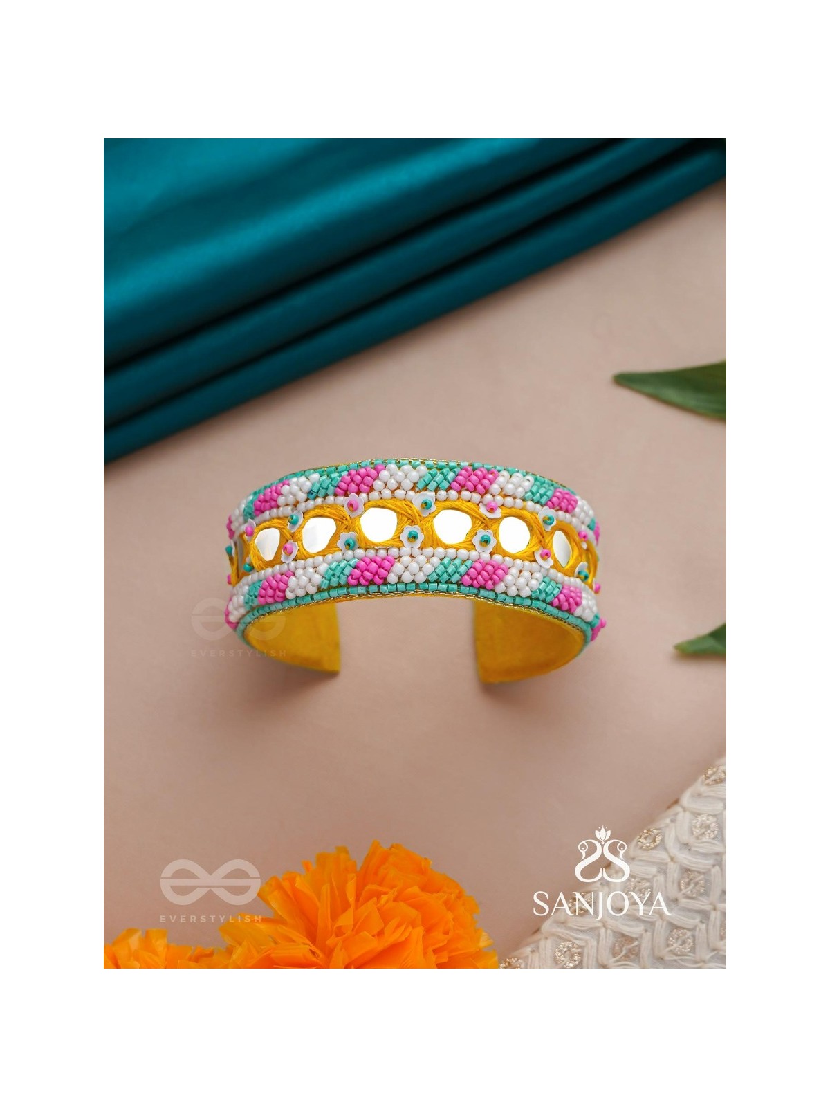 Madana- The Spring Poetry- Mirror, Resham And Beads Hand Embroidered Bangle