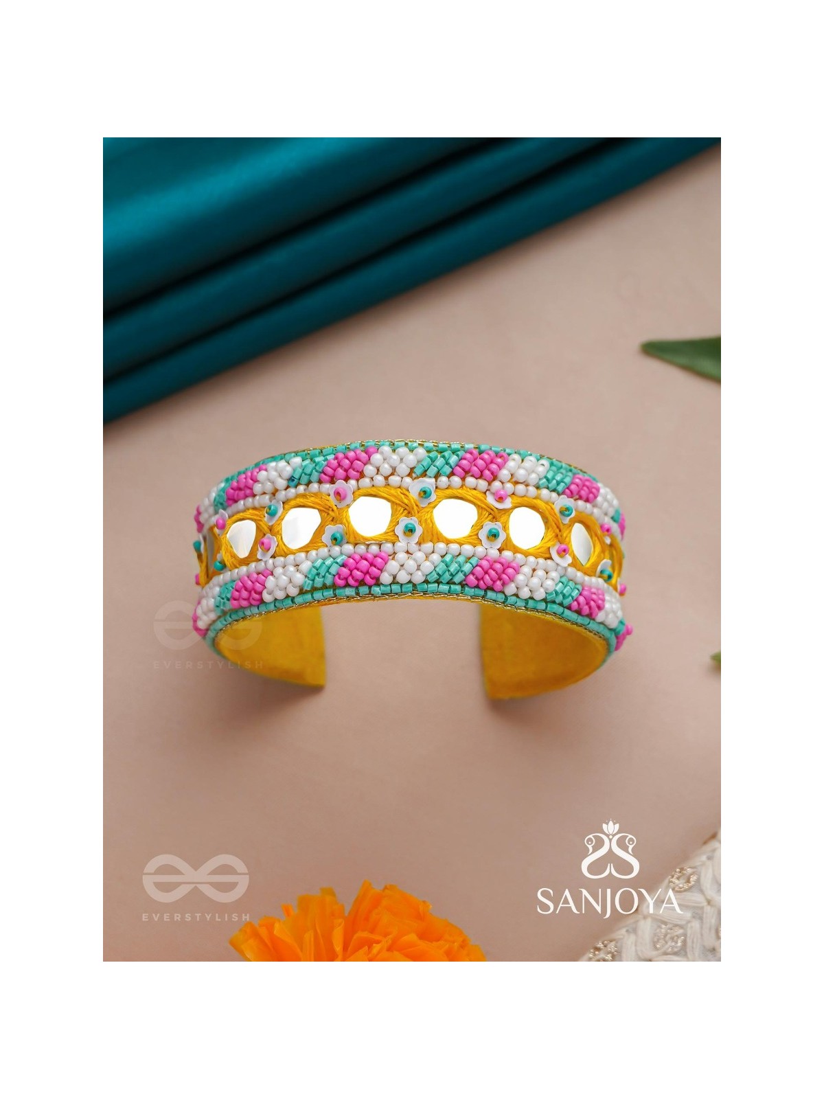 Madana- The Spring Poetry- Mirror, Resham And Beads Hand Embroidered Bangle